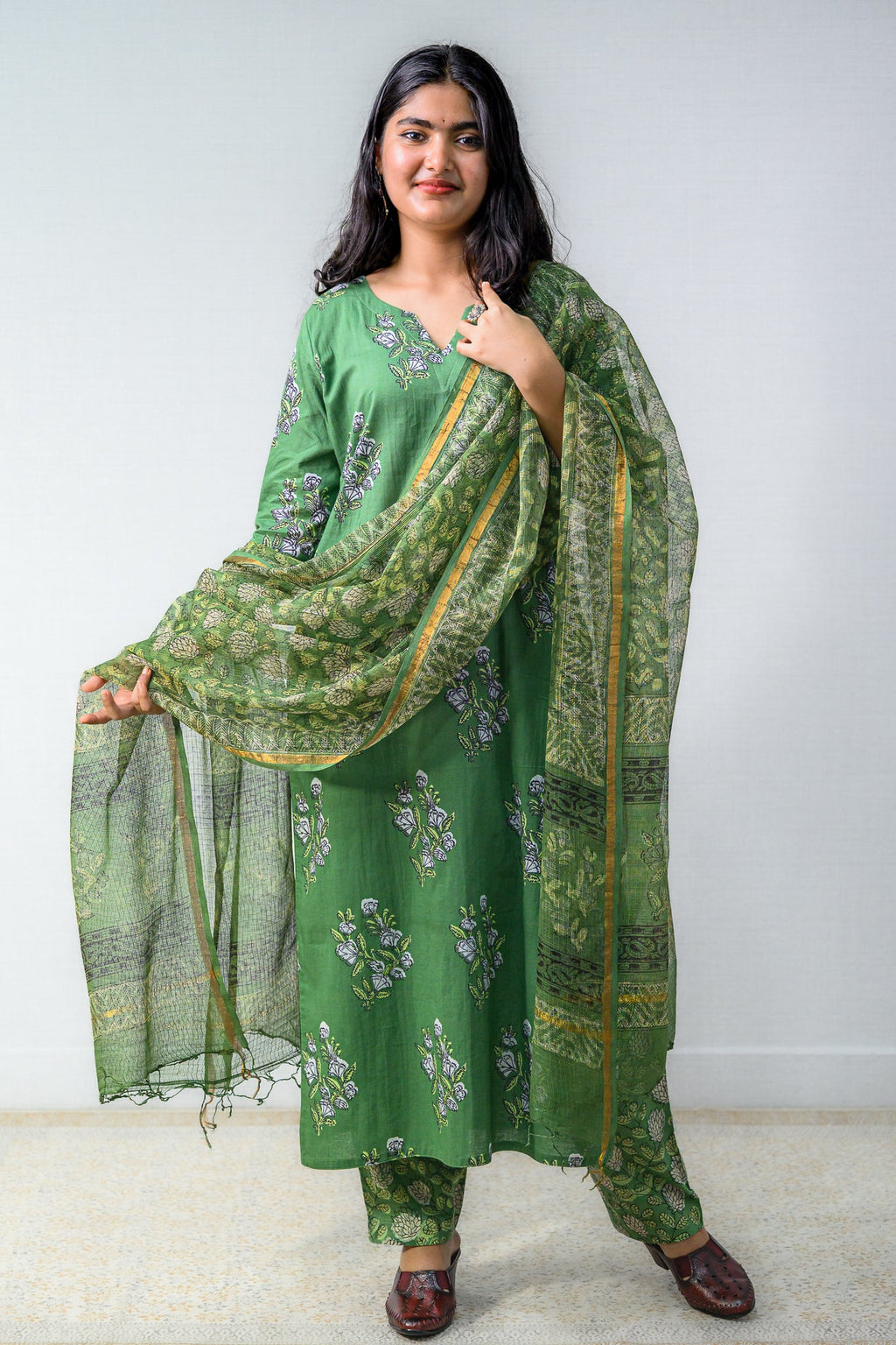 Set of 2 - Emerald Blossoms Dabu Kurta & Pants Set - Lobha Deepthis