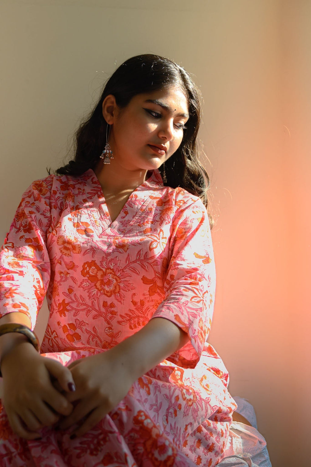 Set of 2 - Gulabiya Sanganeri Cotton Straight Kurta and Pants - Lobha Deepthis