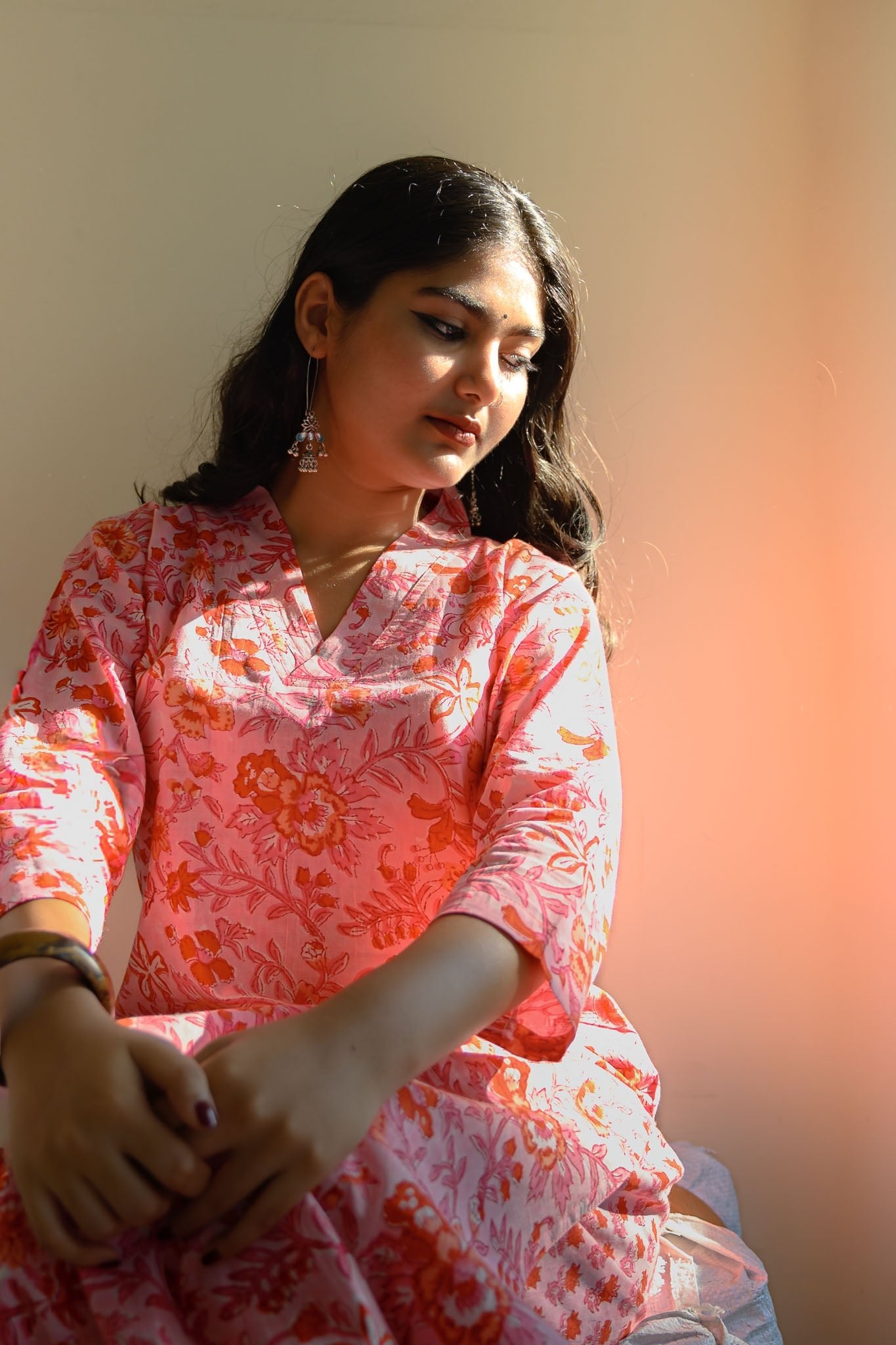 Set of 2 - Gulabiya Sanganeri Cotton Straight Kurta and Pants - Lobha Deepthis