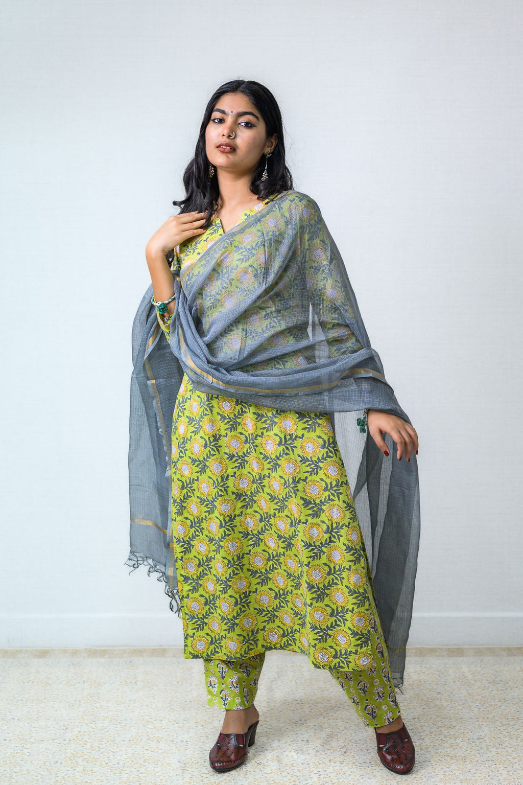 Set of 2 - Himawari Sanganeri Cotton Straight Kurta and Pants - Lobha Deepthis