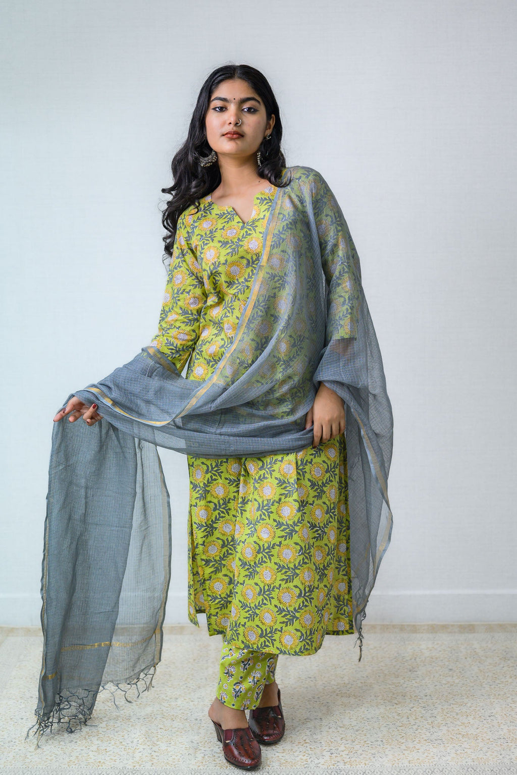 Set of 2 - Himawari Sanganeri Cotton Straight Kurta and Pants - Lobha Deepthis