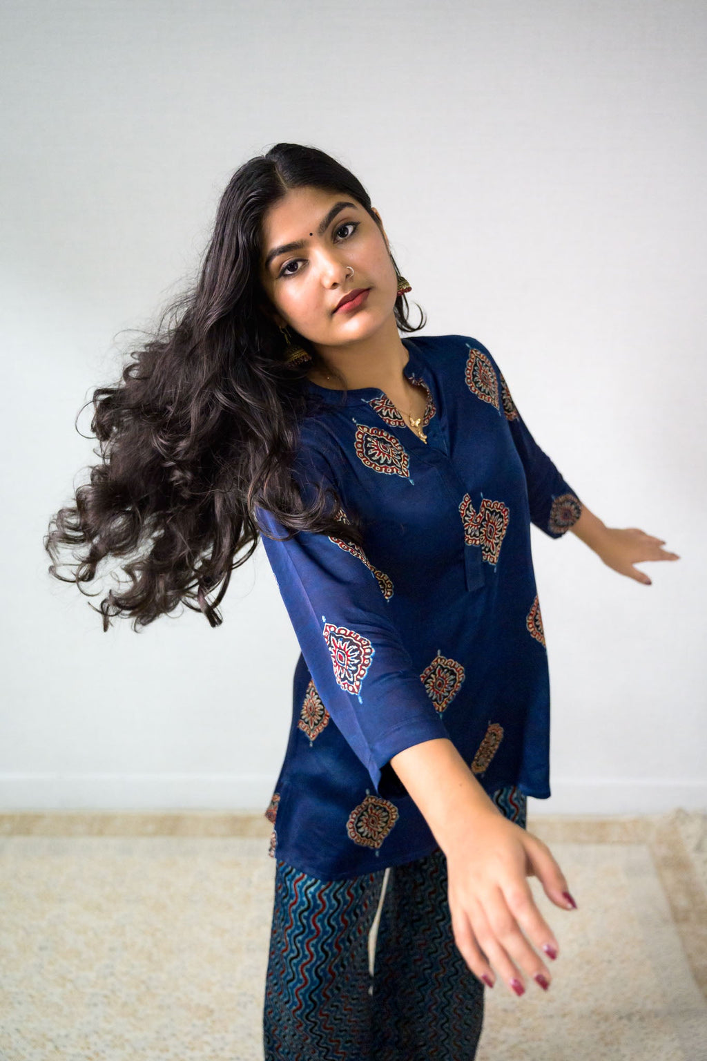 Set of 2 - Indigo Pihu Modal Ajrakh Short Top & Parallel Pants - Lobha Deepthis