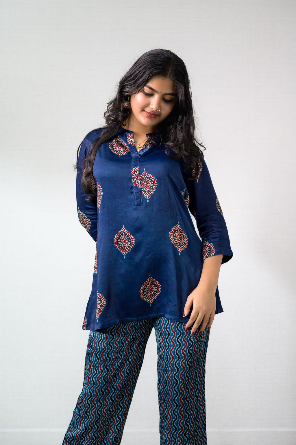 Set of 2 - Indigo Pihu Modal Ajrakh Short Top & Parallel Pants - Lobha Deepthis