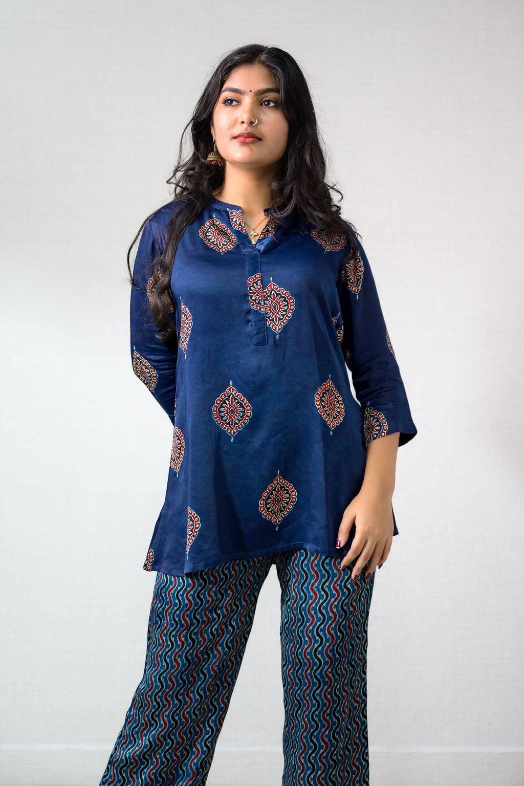 Set of 2 - Indigo Pihu Modal Ajrakh Short Top & Parallel Pants - Lobha Deepthis
