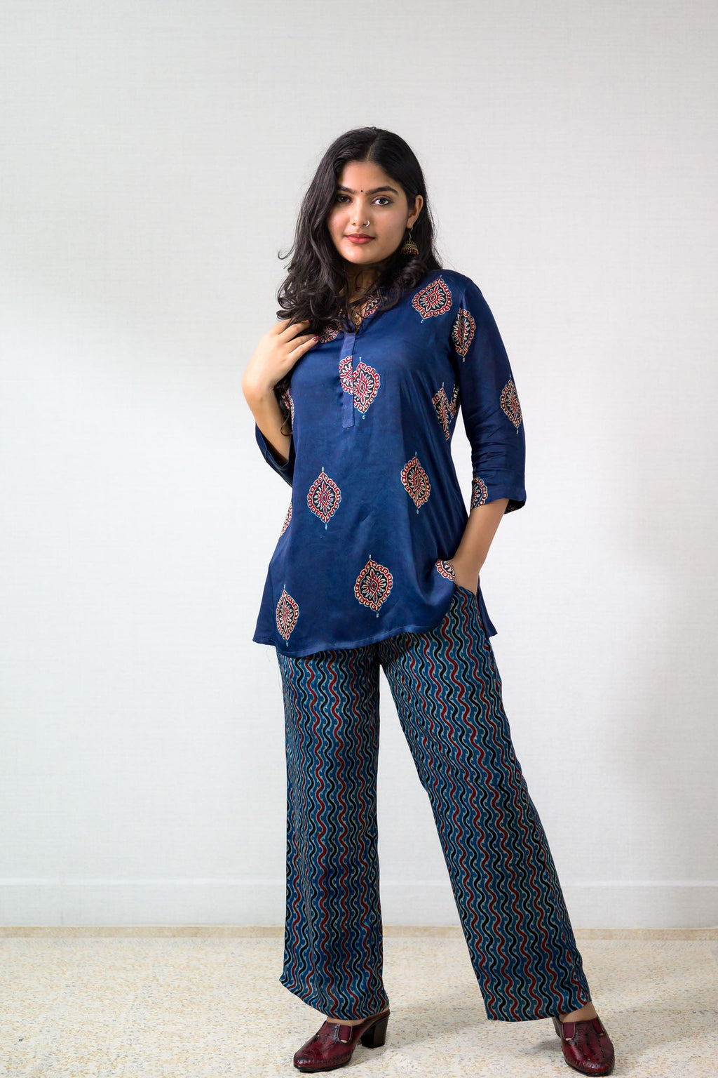 Set of 2 - Indigo Pihu Modal Ajrakh Short Top & Parallel Pants - Lobha Deepthis
