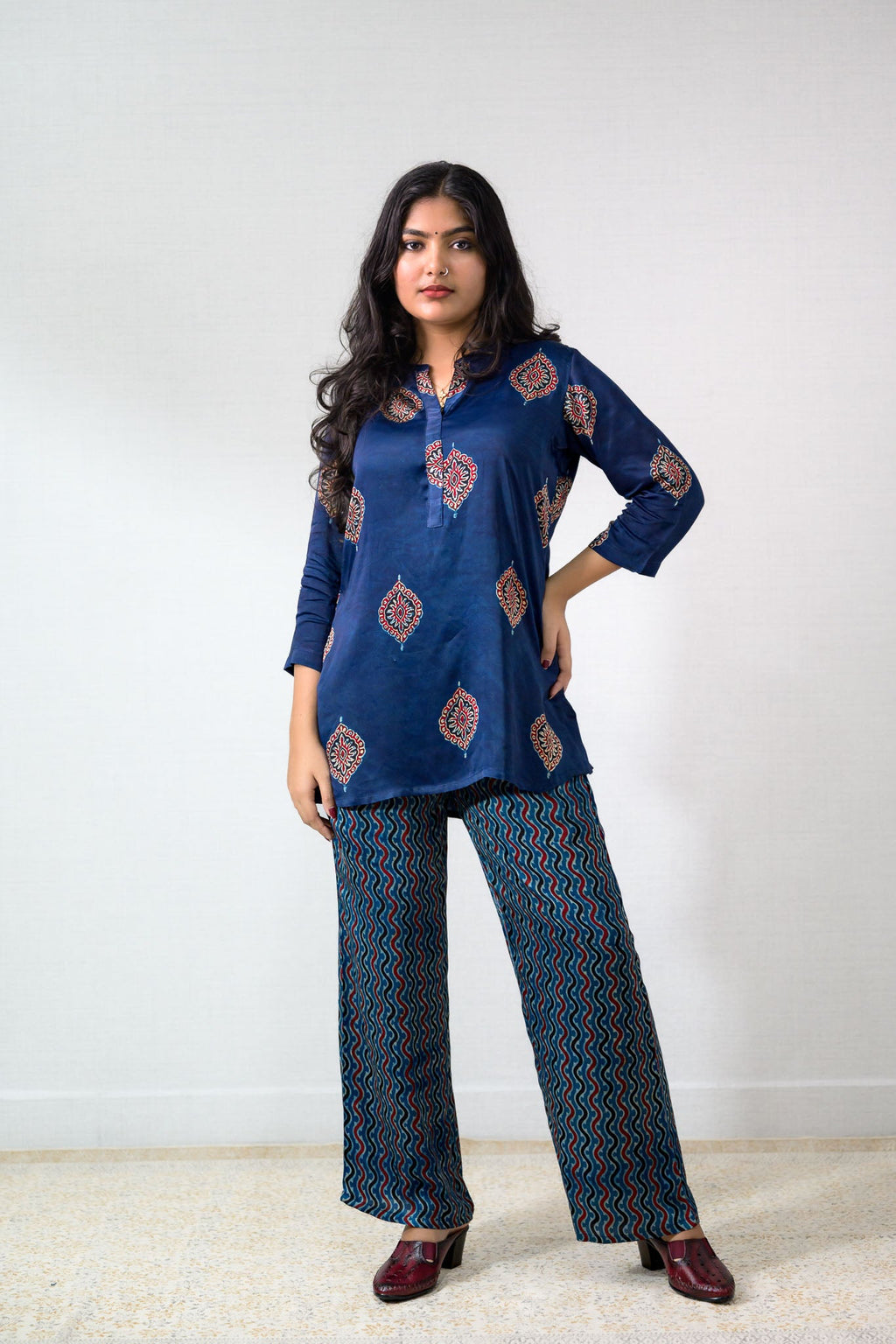 Set of 2 - Indigo Pihu Modal Ajrakh Short Top & Parallel Pants - Lobha Deepthis
