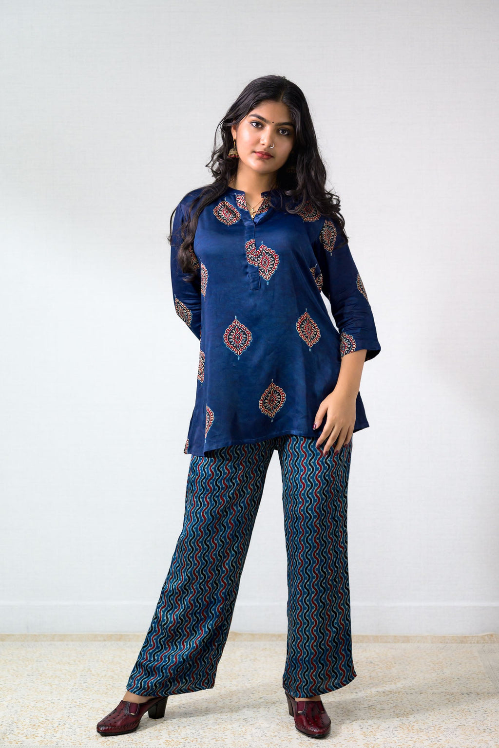 Set of 2 - Indigo Pihu Modal Ajrakh Short Top & Parallel Pants - Lobha Deepthis