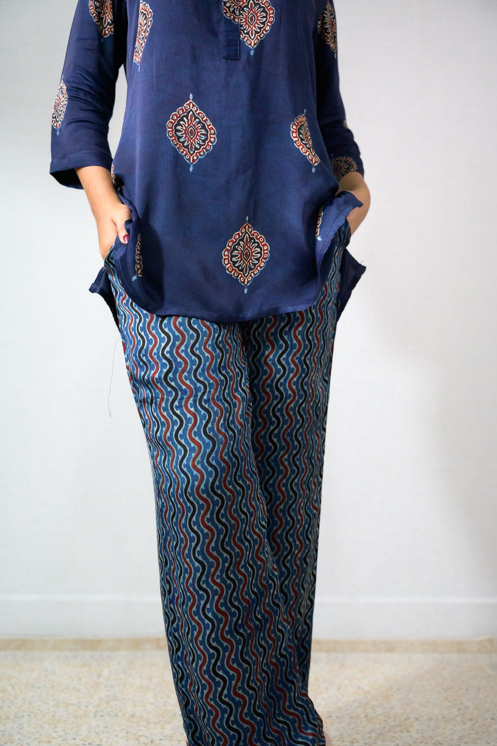 Set of 2 - Indigo Pihu Modal Ajrakh Short Top & Parallel Pants - Lobha Deepthis