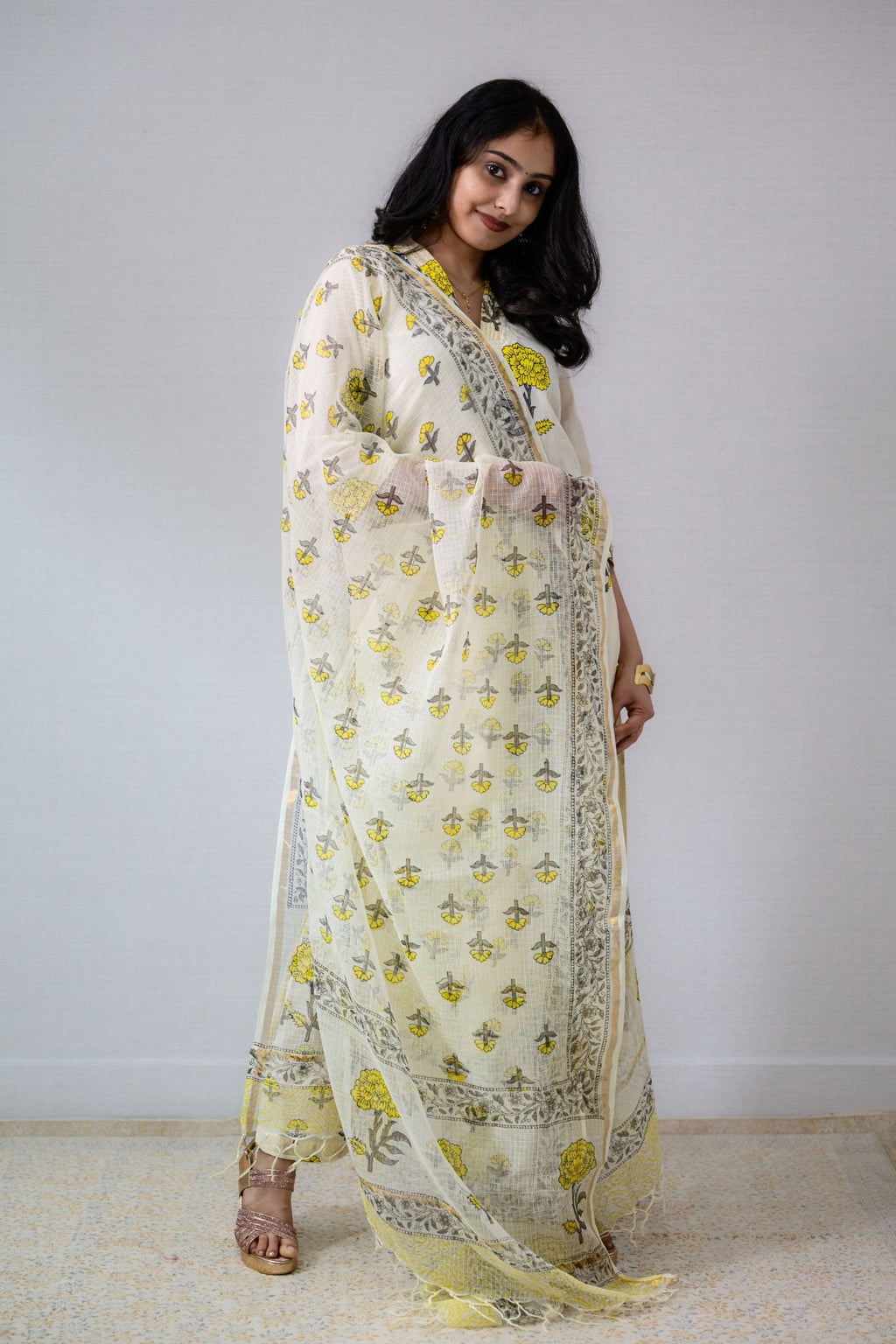 Set of 2 - Jamanthi on Cream Sanganeri Kurta and Pants - Lobha Deepthis