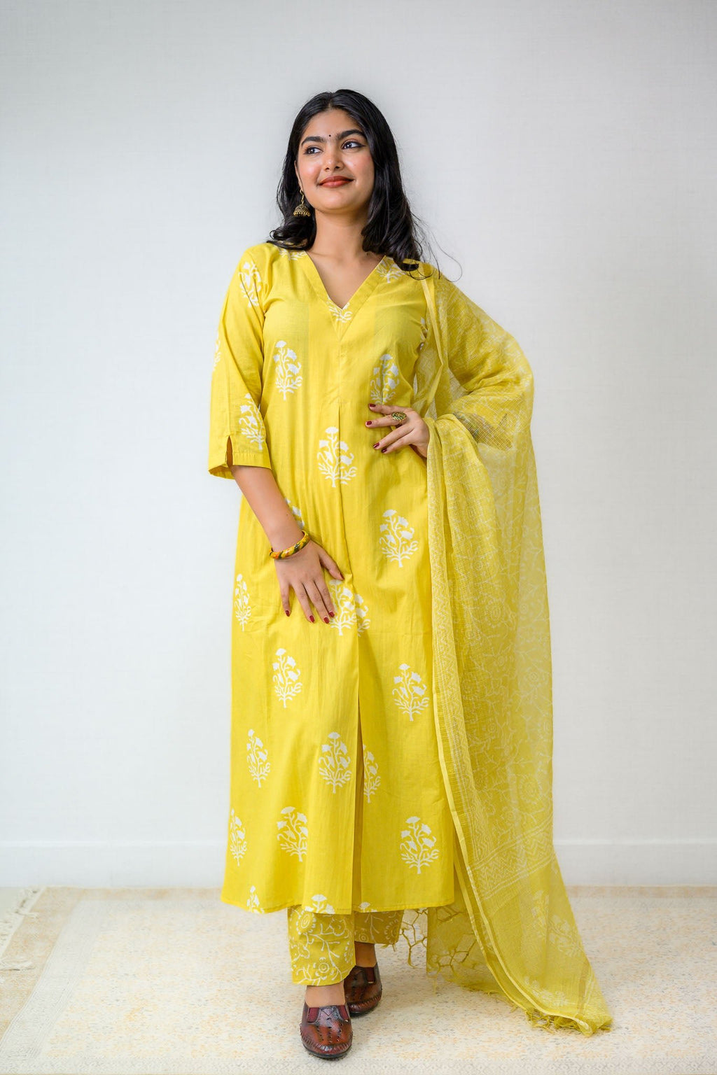 Set of 2 - Jamanthi on Yellow Sanganeri Kurta & Pants Set - Lobha Deepthis