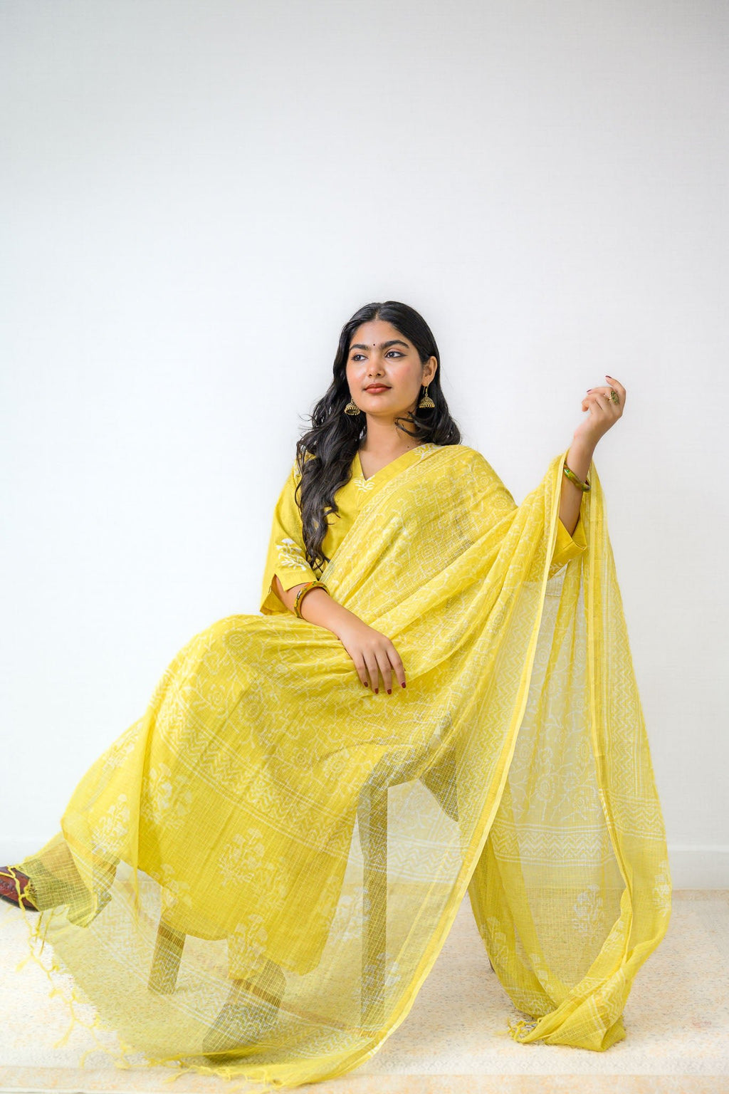 Set of 2 - Jamanthi on Yellow Sanganeri Kurta & Pants Set - Lobha Deepthis