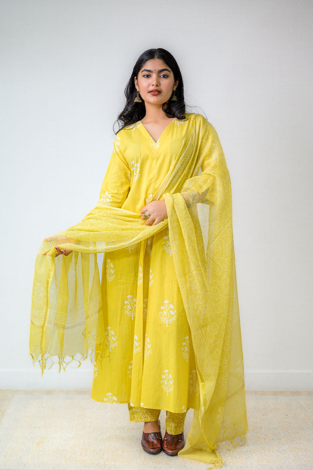 Set of 2 - Jamanthi on Yellow Sanganeri Kurta & Pants Set - Lobha Deepthis