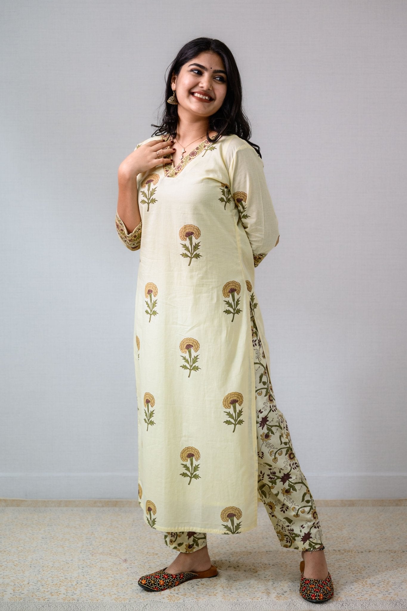 Set of 2 - Marigolds on Cream Sanganeri Kurta & Pants - Lobha Deepthis