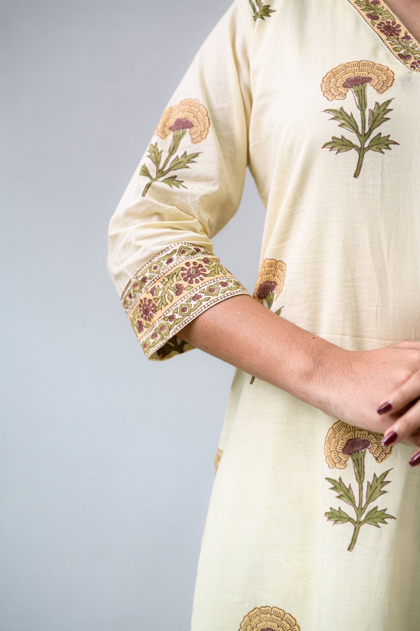 Set of 2 - Marigolds on Cream Sanganeri Kurta & Pants - Lobha Deepthis