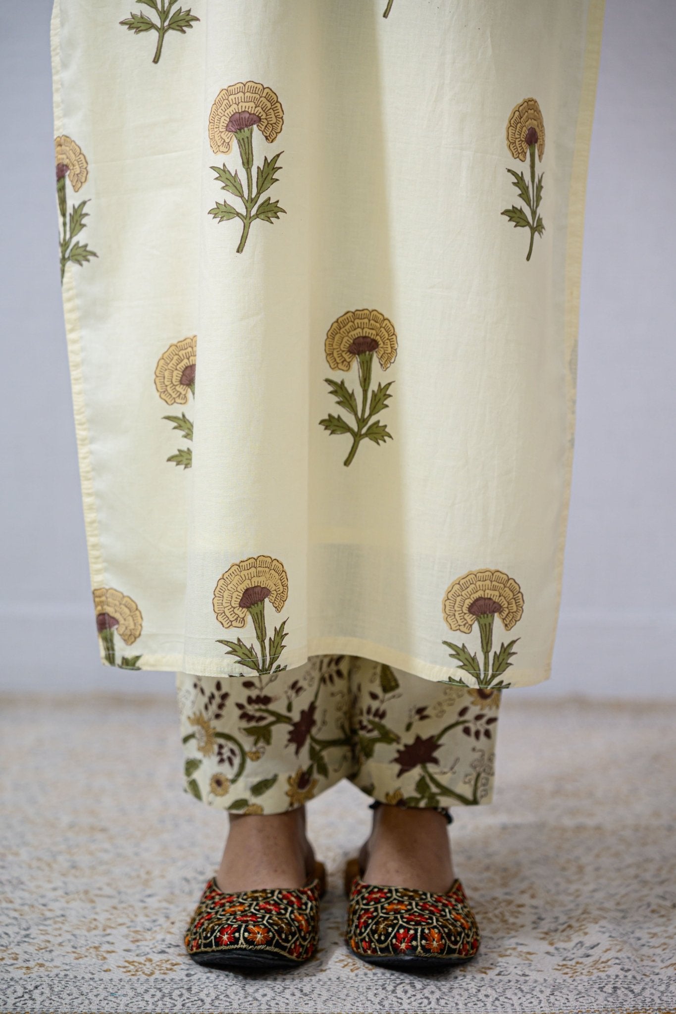 Set of 2 - Marigolds on Cream Sanganeri Kurta & Pants - Lobha Deepthis