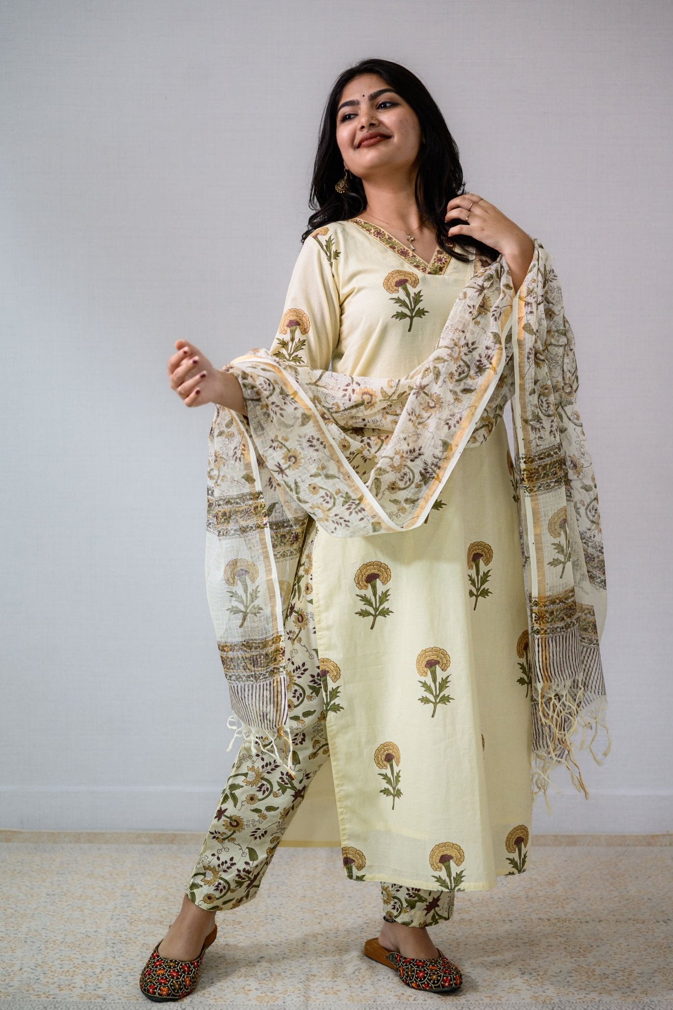 Set of 2 - Marigolds on Cream Sanganeri Kurta & Pants - Lobha Deepthis