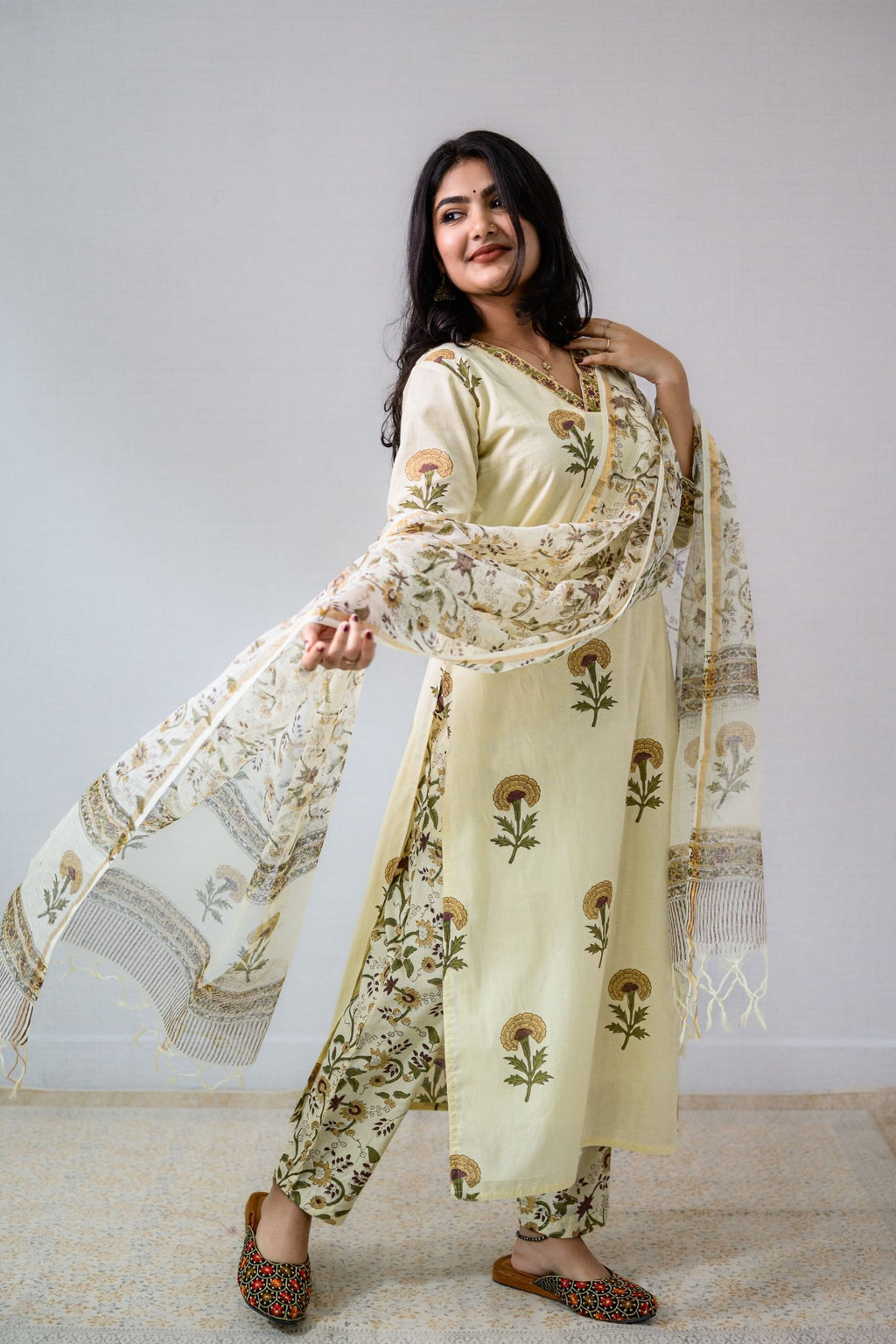 Set of 2 - Marigolds on Cream Sanganeri Kurta & Pants - Lobha Deepthis