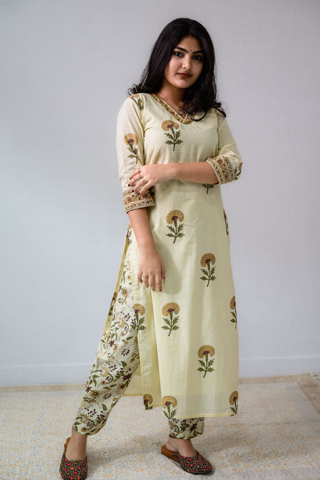 Set of 2 - Marigolds on Cream Sanganeri Kurta & Pants - Lobha Deepthis