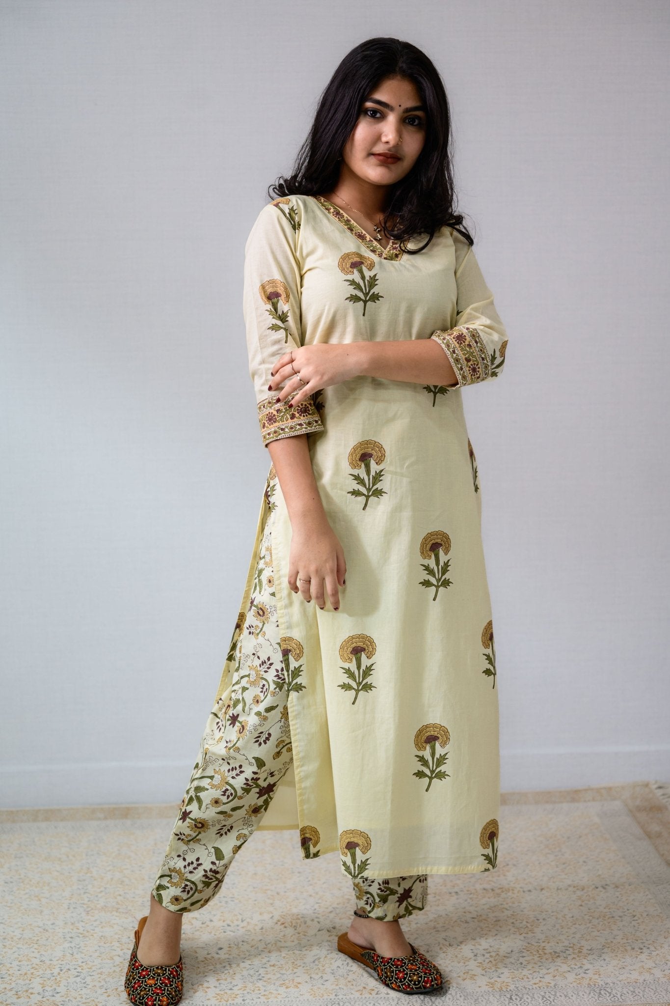 Set of 2 - Marigolds on Cream Sanganeri Kurta & Pants - Lobha Deepthis
