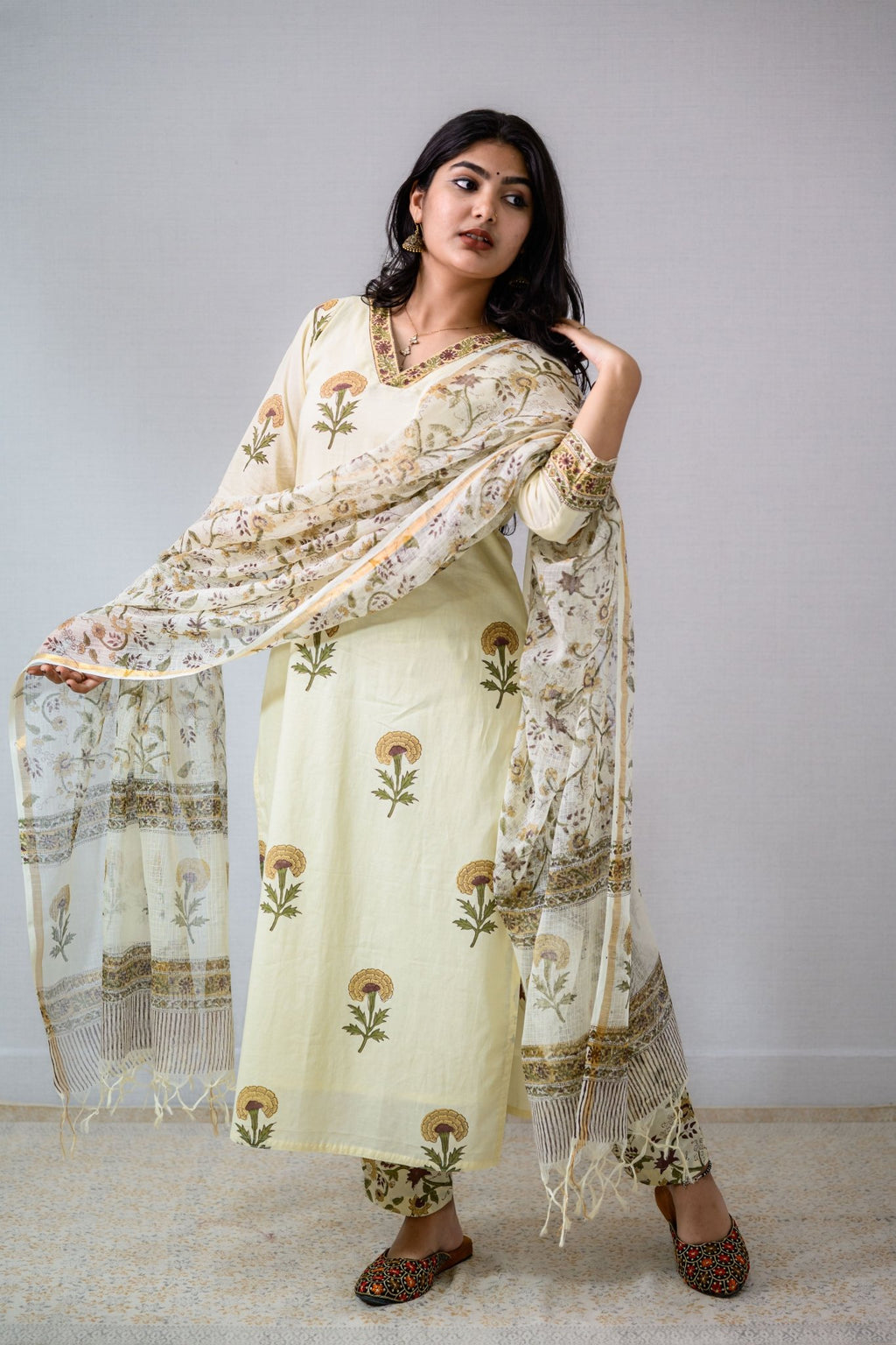 Set of 2 - Marigolds on Cream Sanganeri Kurta & Pants - Lobha Deepthis