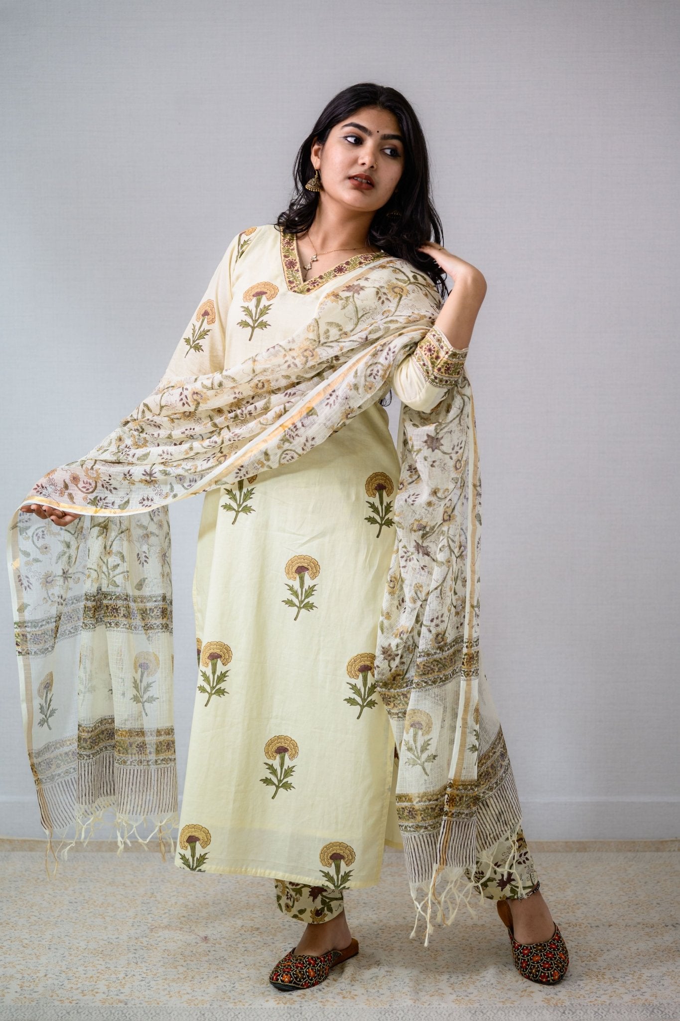 Set of 2 - Marigolds on Cream Sanganeri Kurta & Pants - Lobha Deepthis