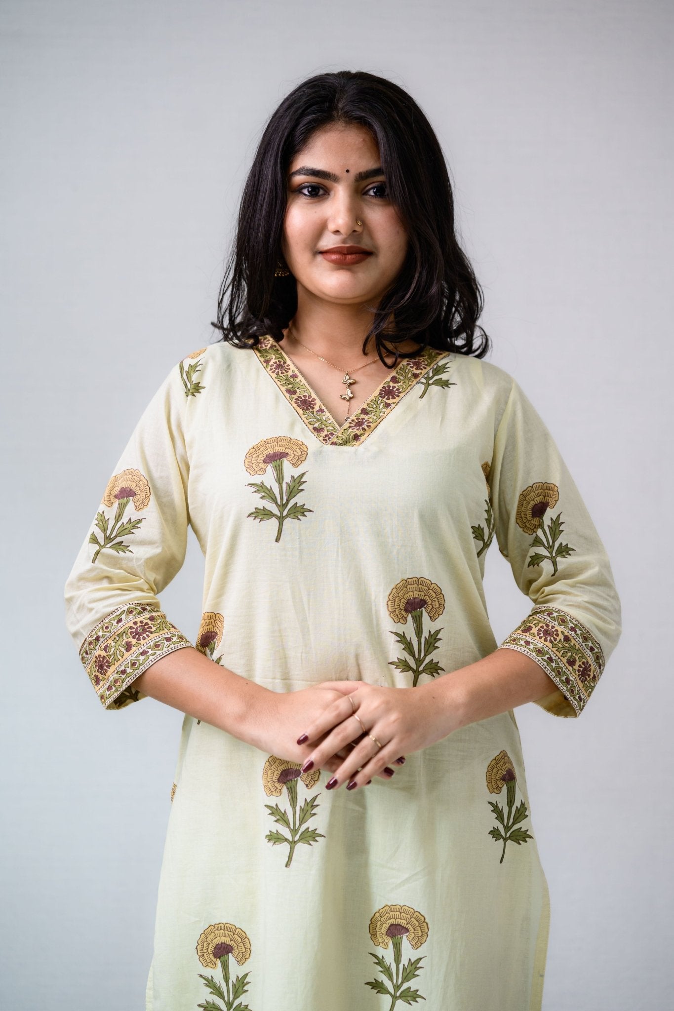 Set of 2 - Marigolds on Cream Sanganeri Kurta & Pants - Lobha Deepthis