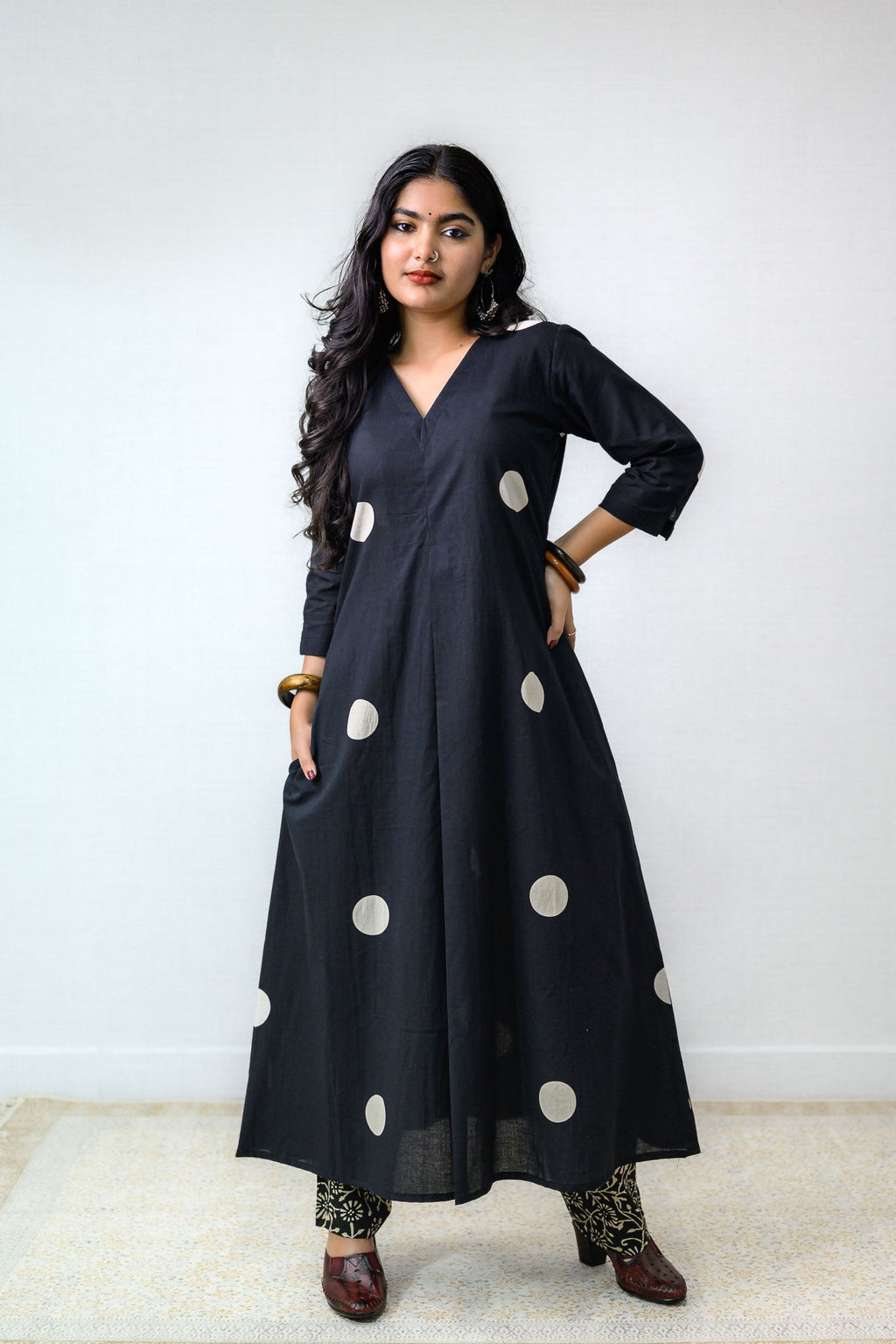 Set of 2 - Polka Loca Black Box Pleated Kurtas & Pants - Lobha Deepthis