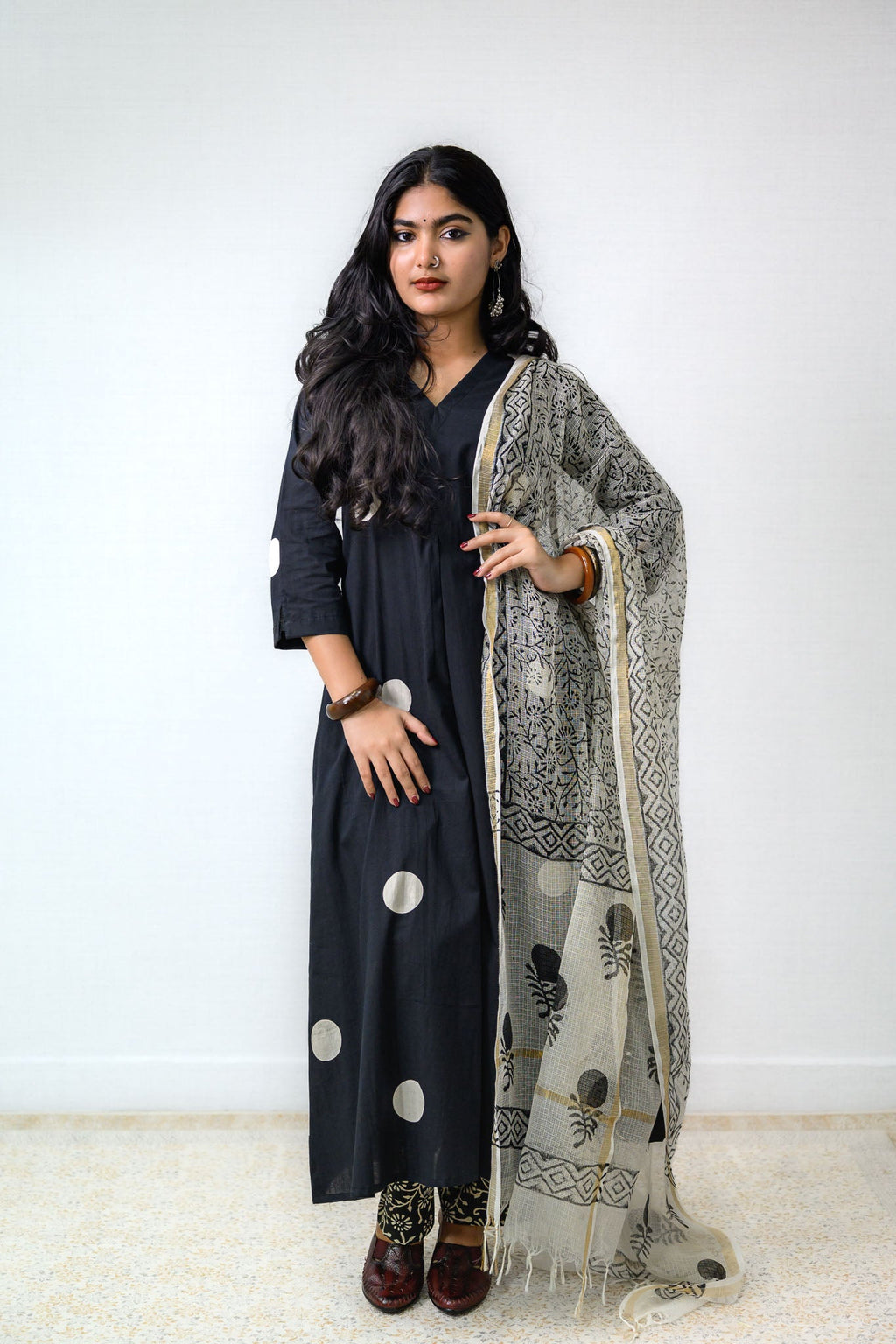 Set of 2 - Polka Loca Black Box Pleated Kurtas & Pants - Lobha Deepthis