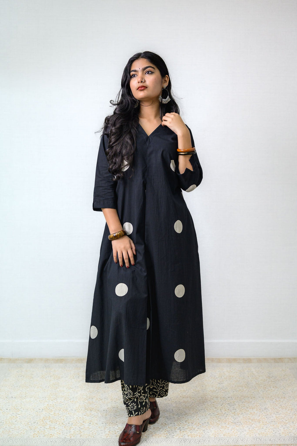 Set of 2 - Polka Loca Black Box Pleated Kurtas & Pants - Lobha Deepthis