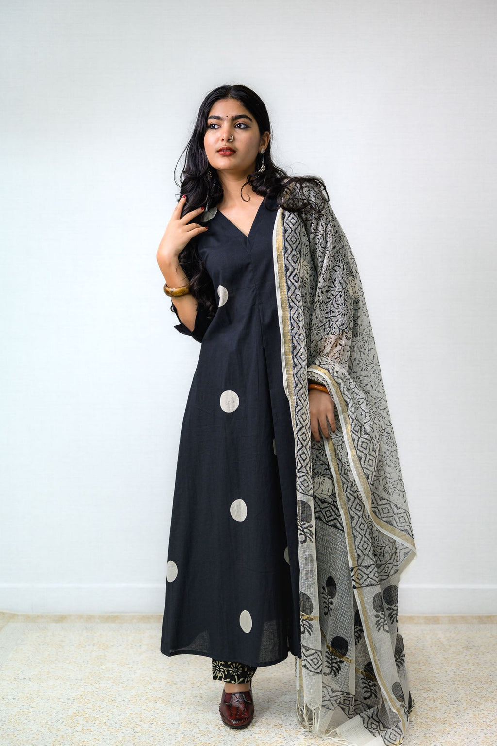 Set of 2 - Polka Loca Black Box Pleated Kurtas & Pants - Lobha Deepthis