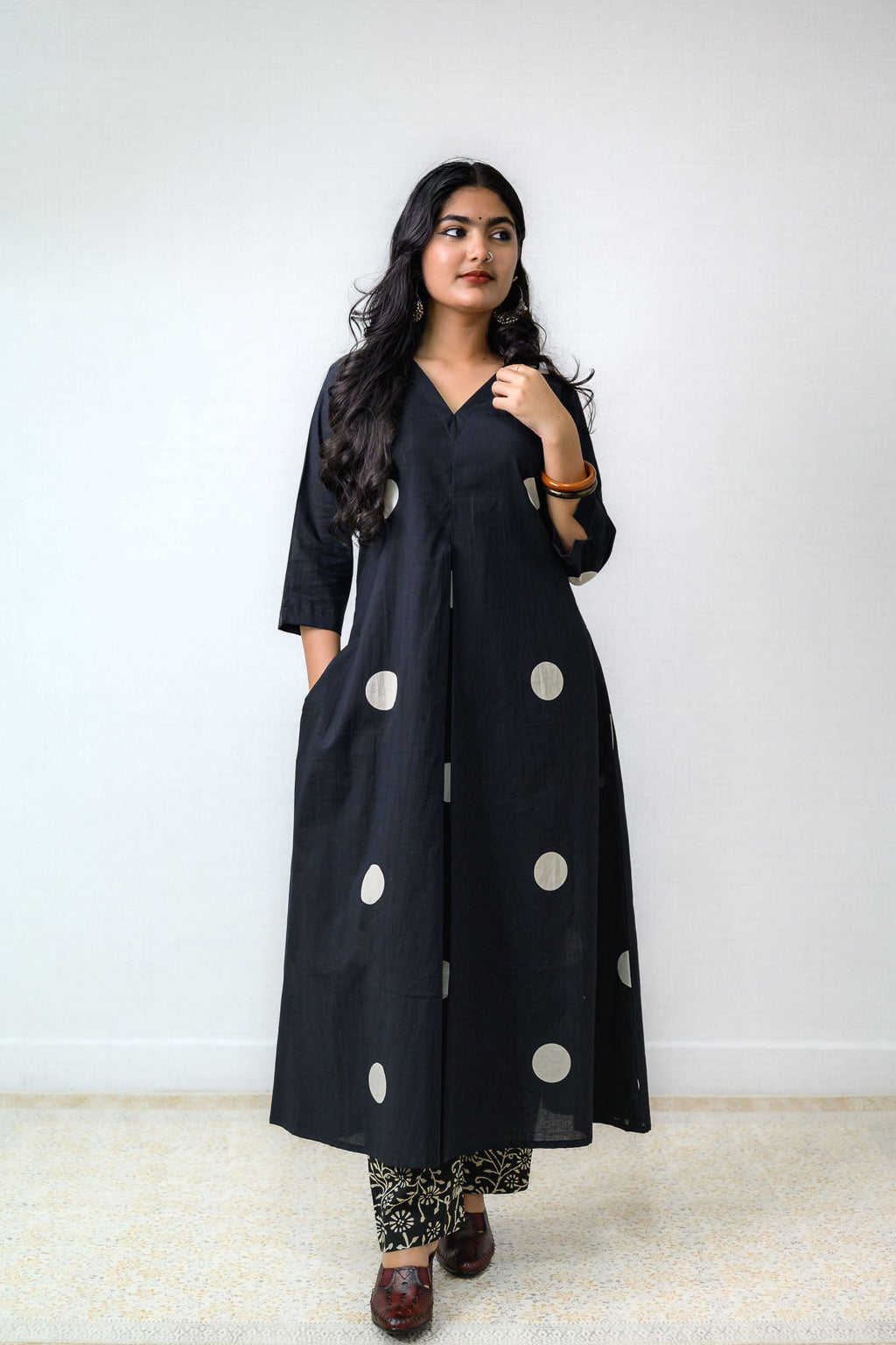 Set of 2 - Polka Loca Black Box Pleated Kurtas & Pants - Lobha Deepthis
