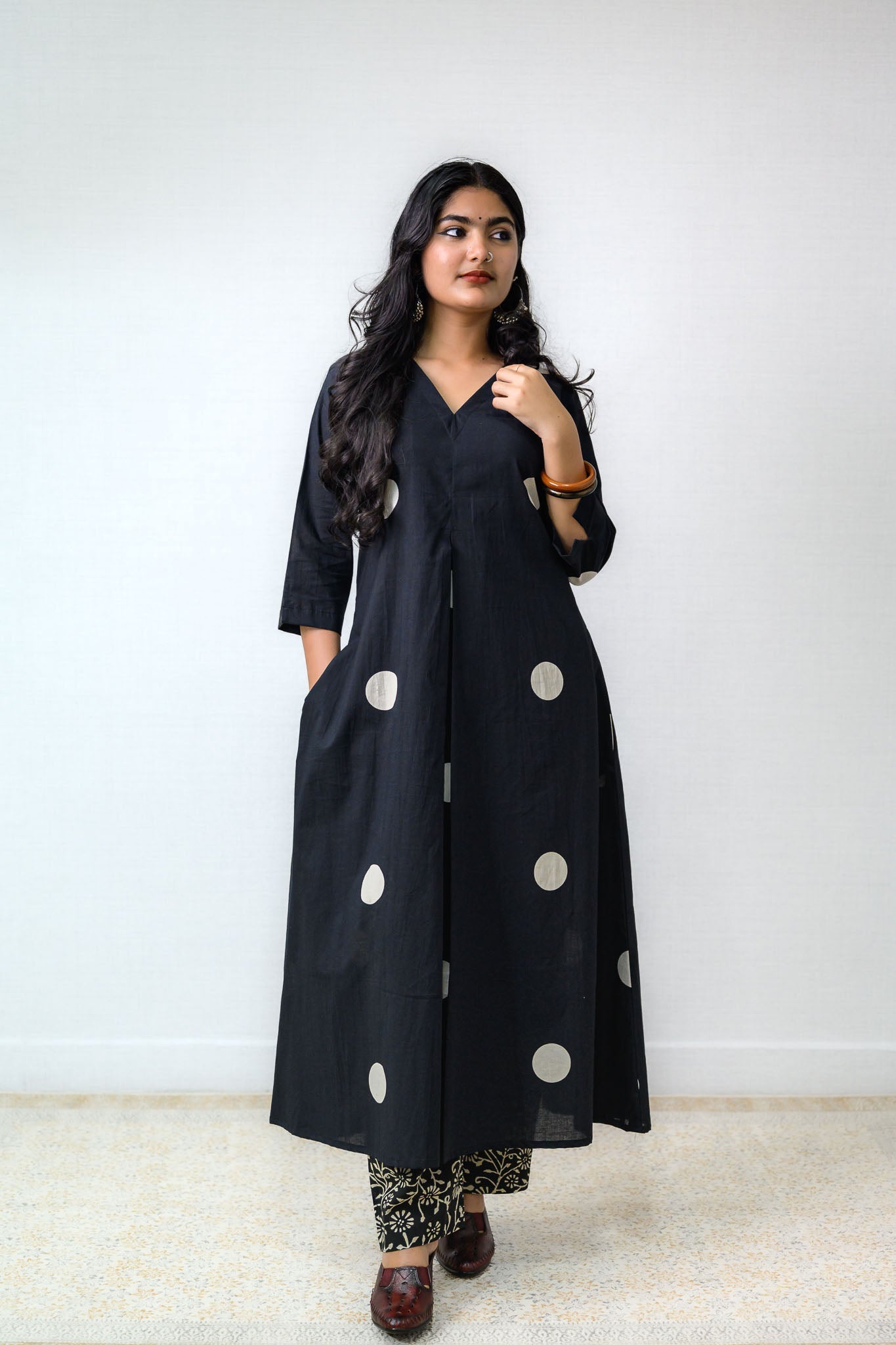 Set of 2 - Polka Loca Black Box Pleated Kurtas & Pants - Lobha Deepthis