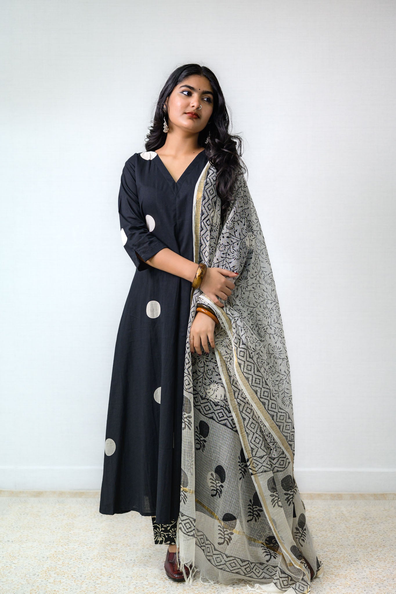 Set of 2 - Polka Loca Black Box Pleated Kurtas & Pants - Lobha Deepthis