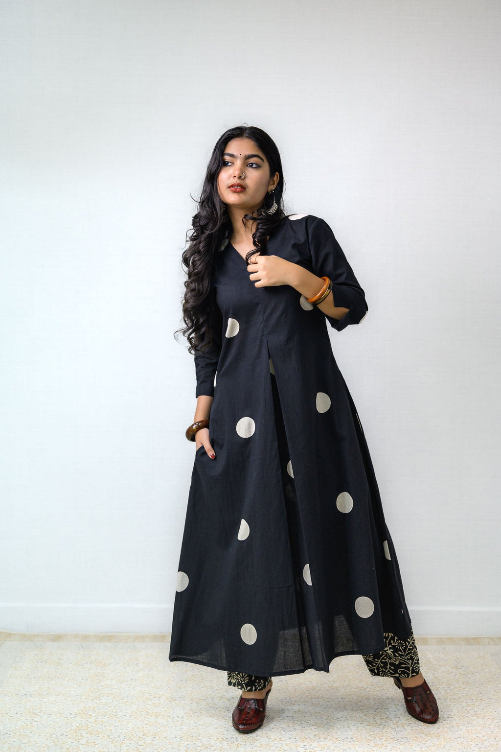 Set of 2 - Polka Loca Black Box Pleated Kurtas & Pants - Lobha Deepthis