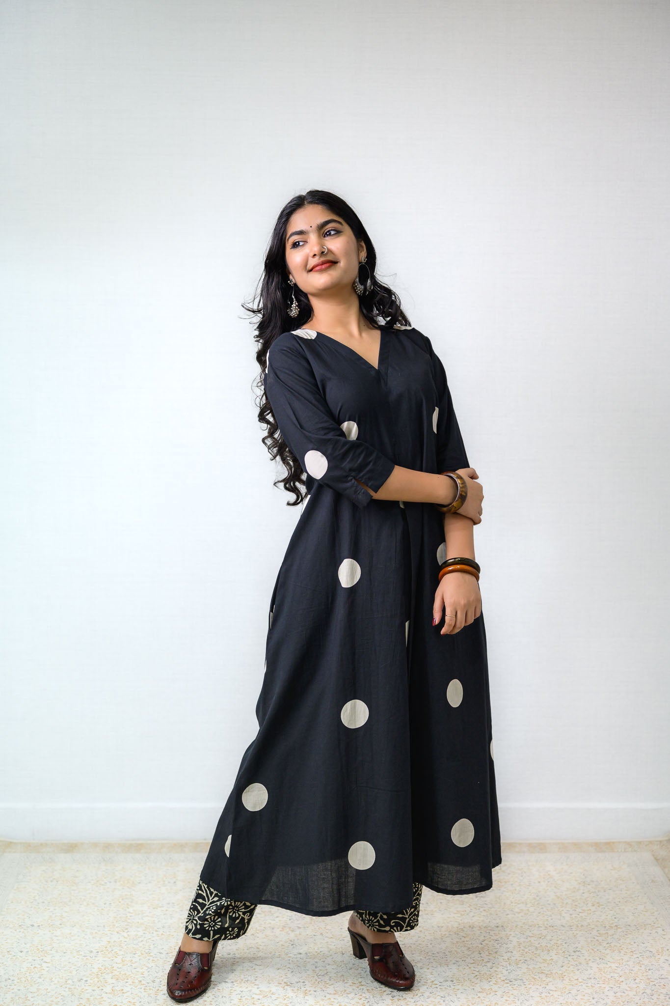 Set of 2 - Polka Loca Black Box Pleated Kurtas & Pants - Lobha Deepthis