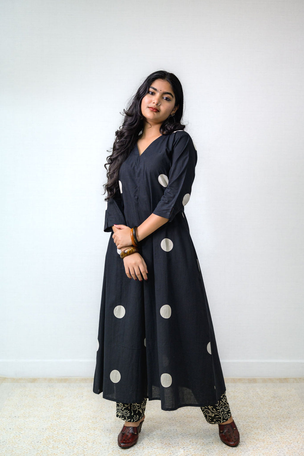 Set of 2 - Polka Loca Black Box Pleated Kurtas & Pants - Lobha Deepthis