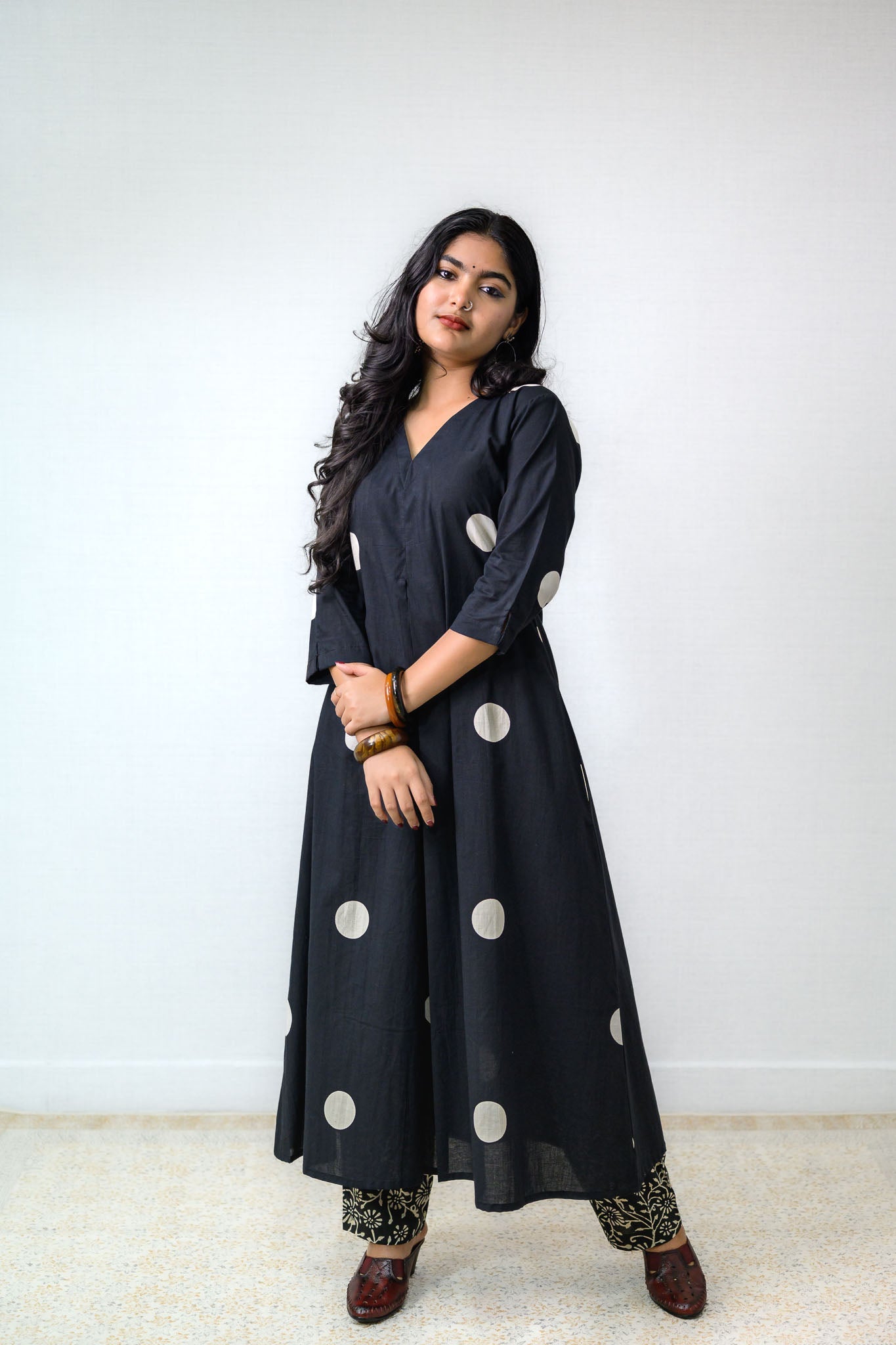 Set of 2 - Polka Loca Black Box Pleated Kurtas & Pants - Lobha Deepthis