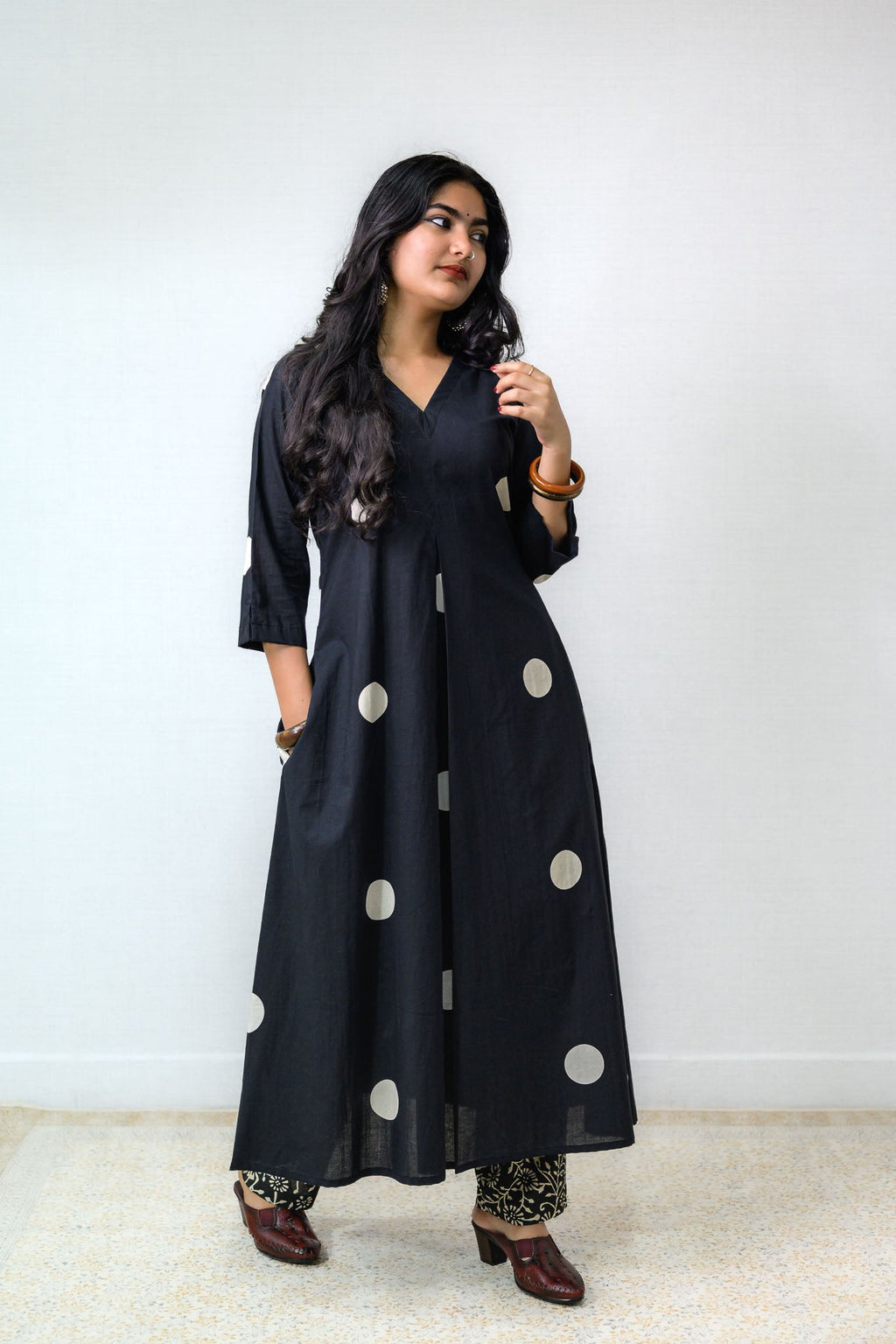 Set of 2 - Polka Loca Black Box Pleated Kurtas & Pants - Lobha Deepthis
