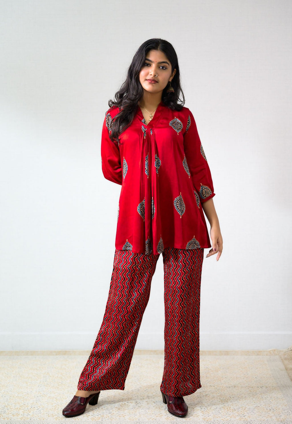 Set of 2 - Red Pihu Modal Ajrakh Short Top & Parallel Pants - Lobha Deepthis