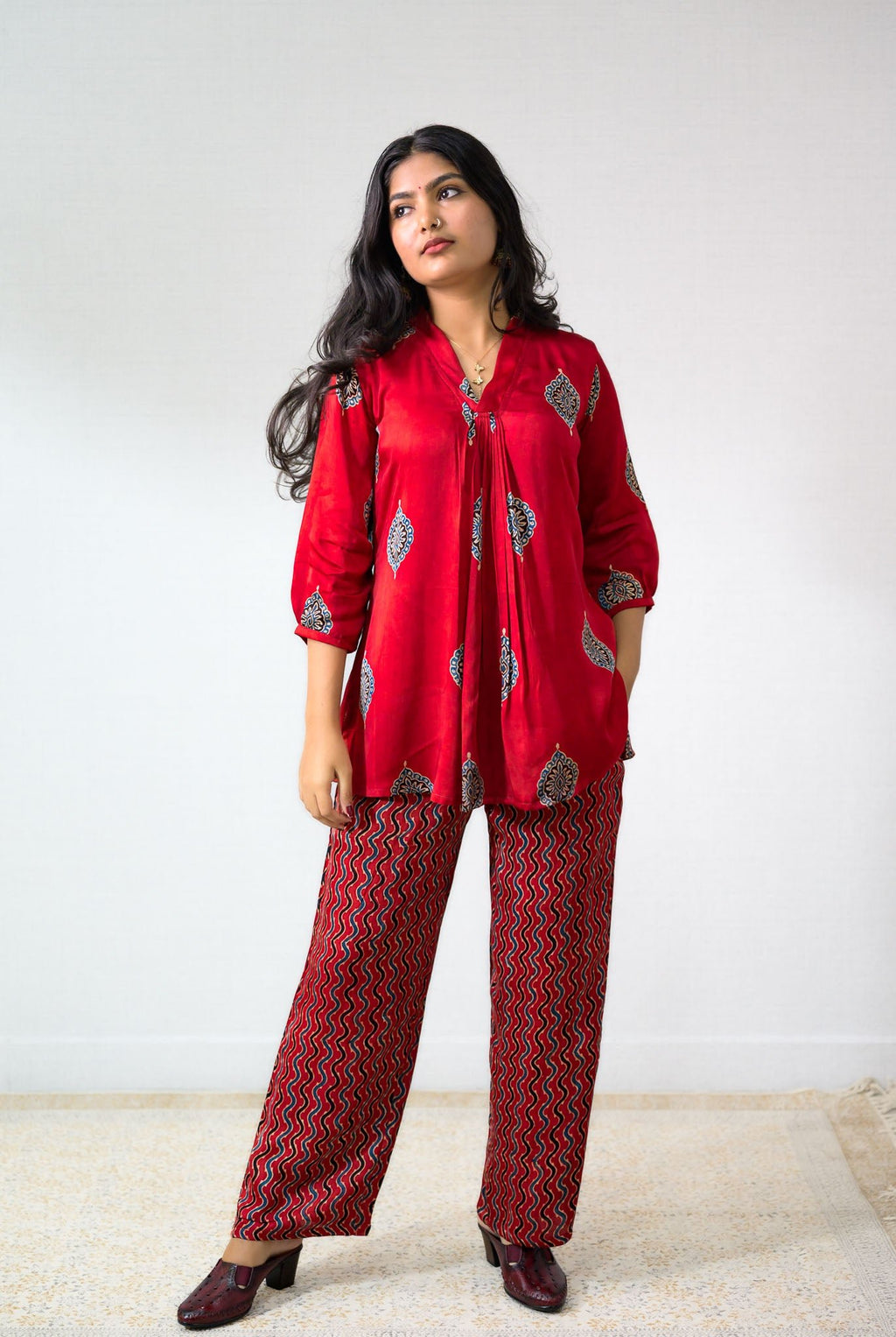 Set of 2 - Red Pihu Modal Ajrakh Short Top & Parallel Pants - Lobha Deepthis