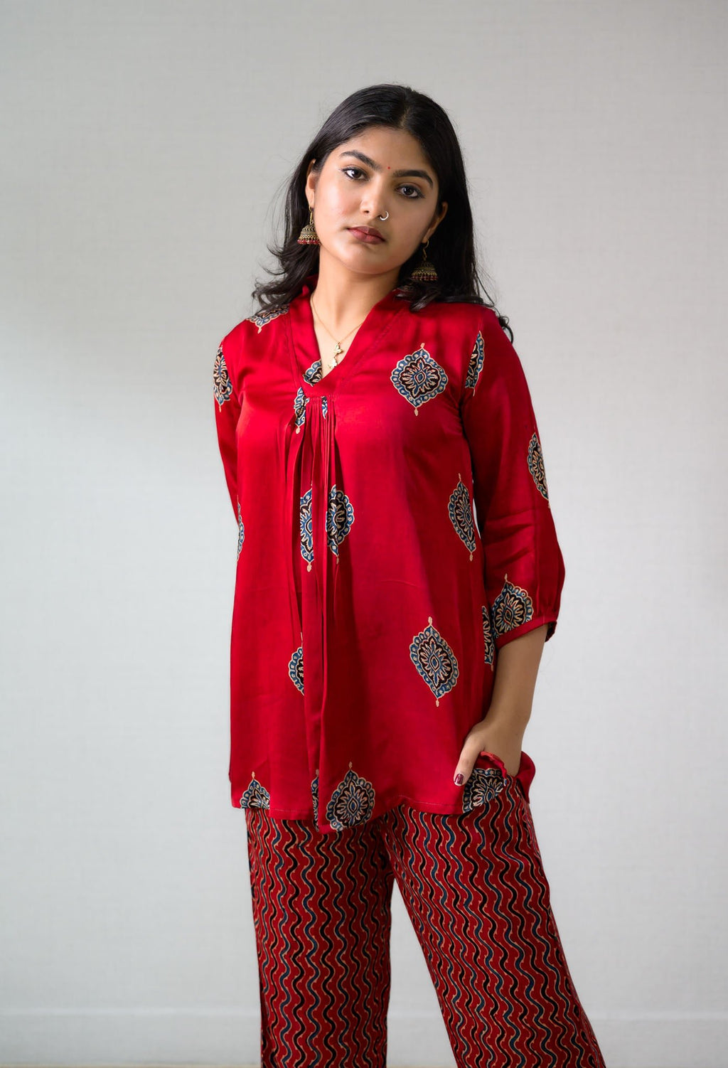 Set of 2 - Red Pihu Modal Ajrakh Short Top & Parallel Pants - Lobha Deepthis