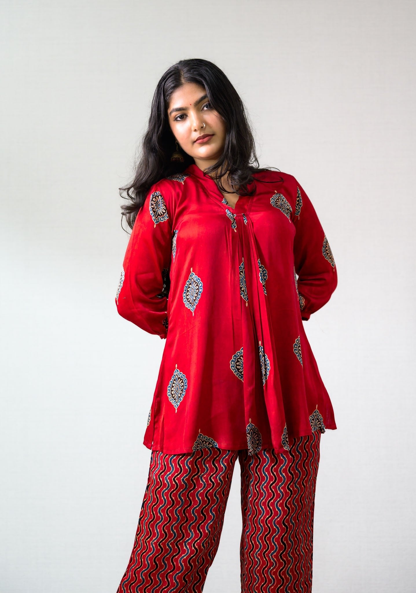Set of 2 - Red Pihu Modal Ajrakh Short Top & Parallel Pants - Lobha Deepthis