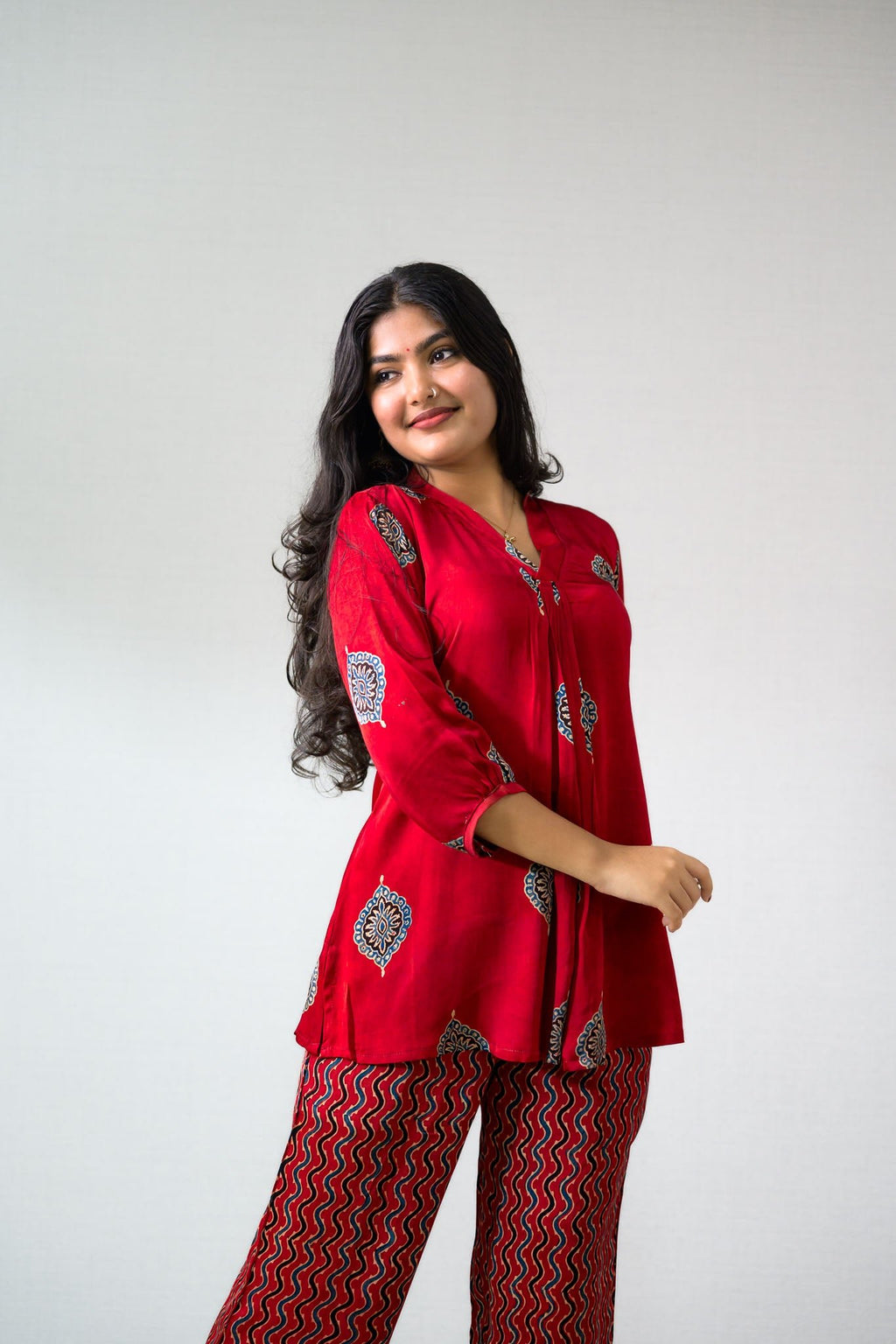 Set of 2 - Red Pihu Modal Ajrakh Short Top & Parallel Pants - Lobha Deepthis