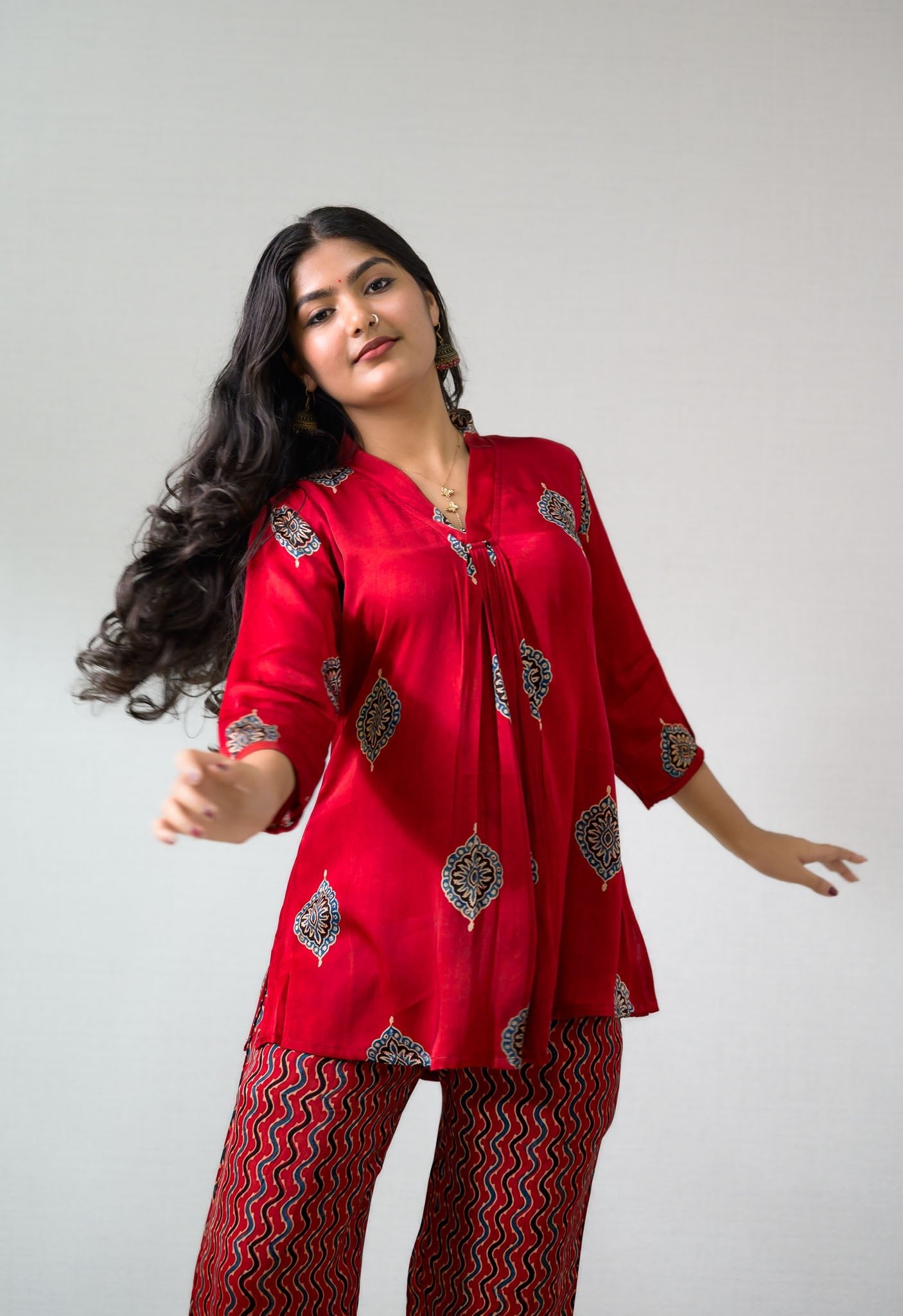 Set of 2 - Red Pihu Modal Ajrakh Short Top & Parallel Pants - Lobha Deepthis