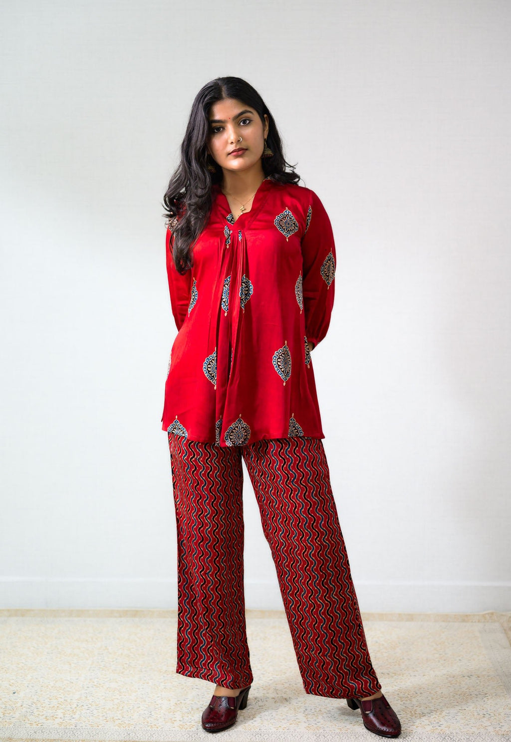 Set of 2 - Red Pihu Modal Ajrakh Short Top & Parallel Pants - Lobha Deepthis