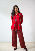 Set of 2 - Red Pihu Modal Ajrakh Short Top & Parallel Pants - Lobha Deepthis