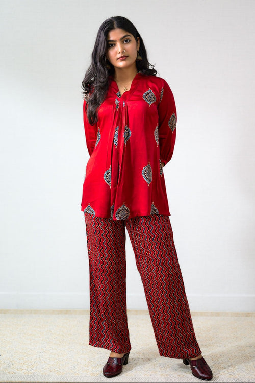 Set of 2 - Red Pihu Modal Ajrakh Short Top & Parallel Pants - Lobha Deepthis
