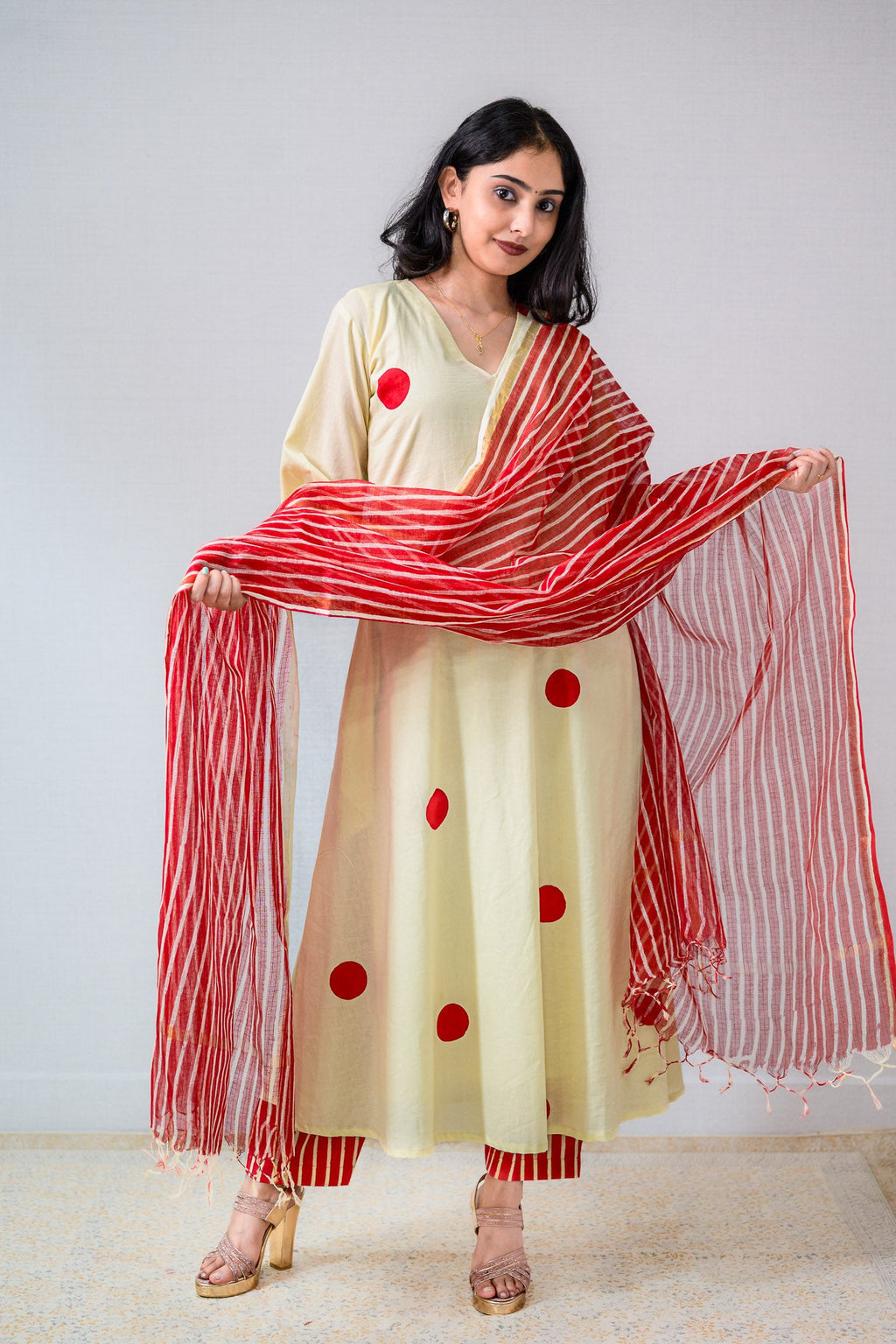 Set of 2 - Red Polkas on Cream Kurta & Pants Set - Lobha Deepthis