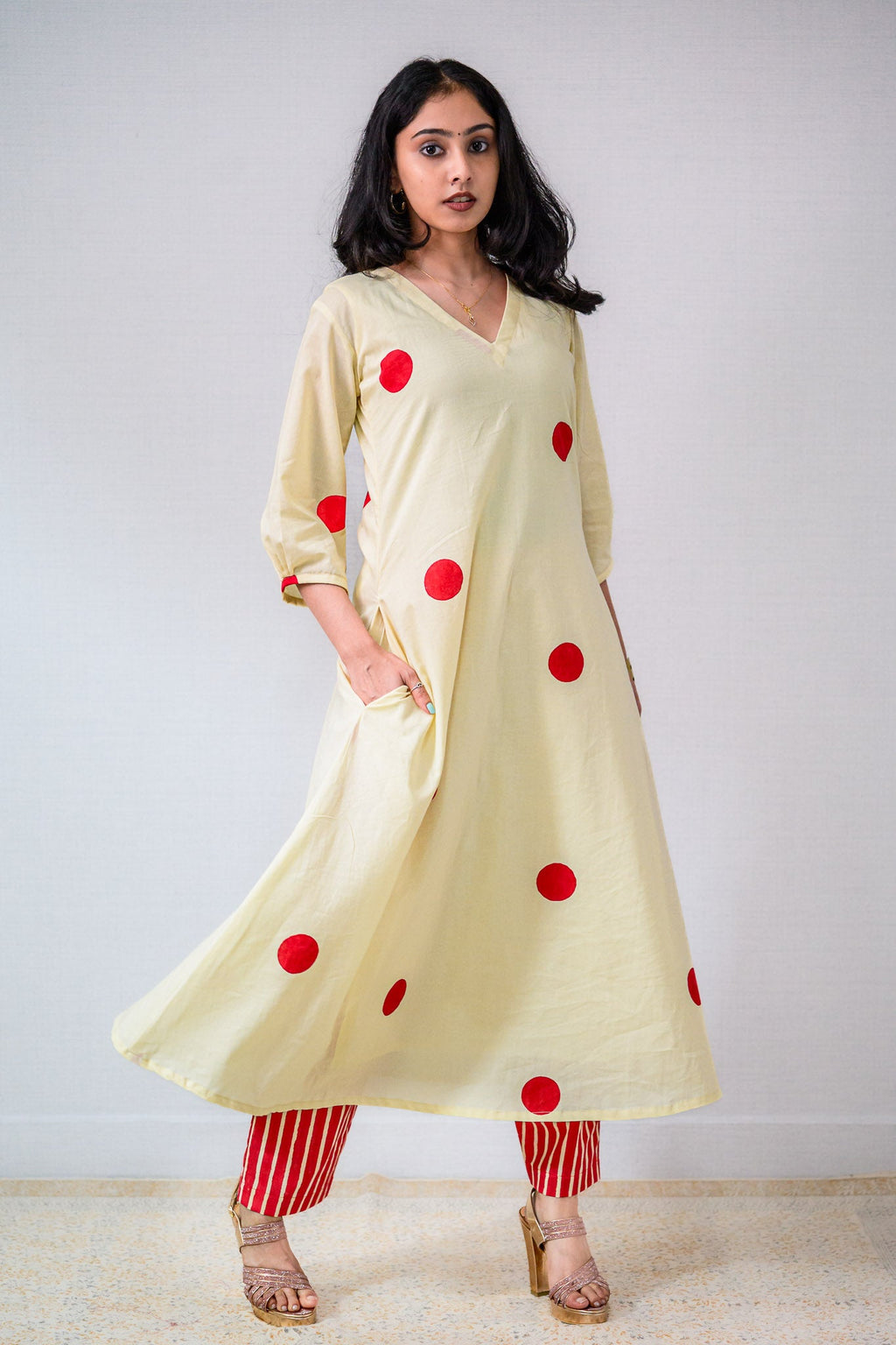 Set of 2 - Red Polkas on Cream Kurta & Pants Set - Lobha Deepthis