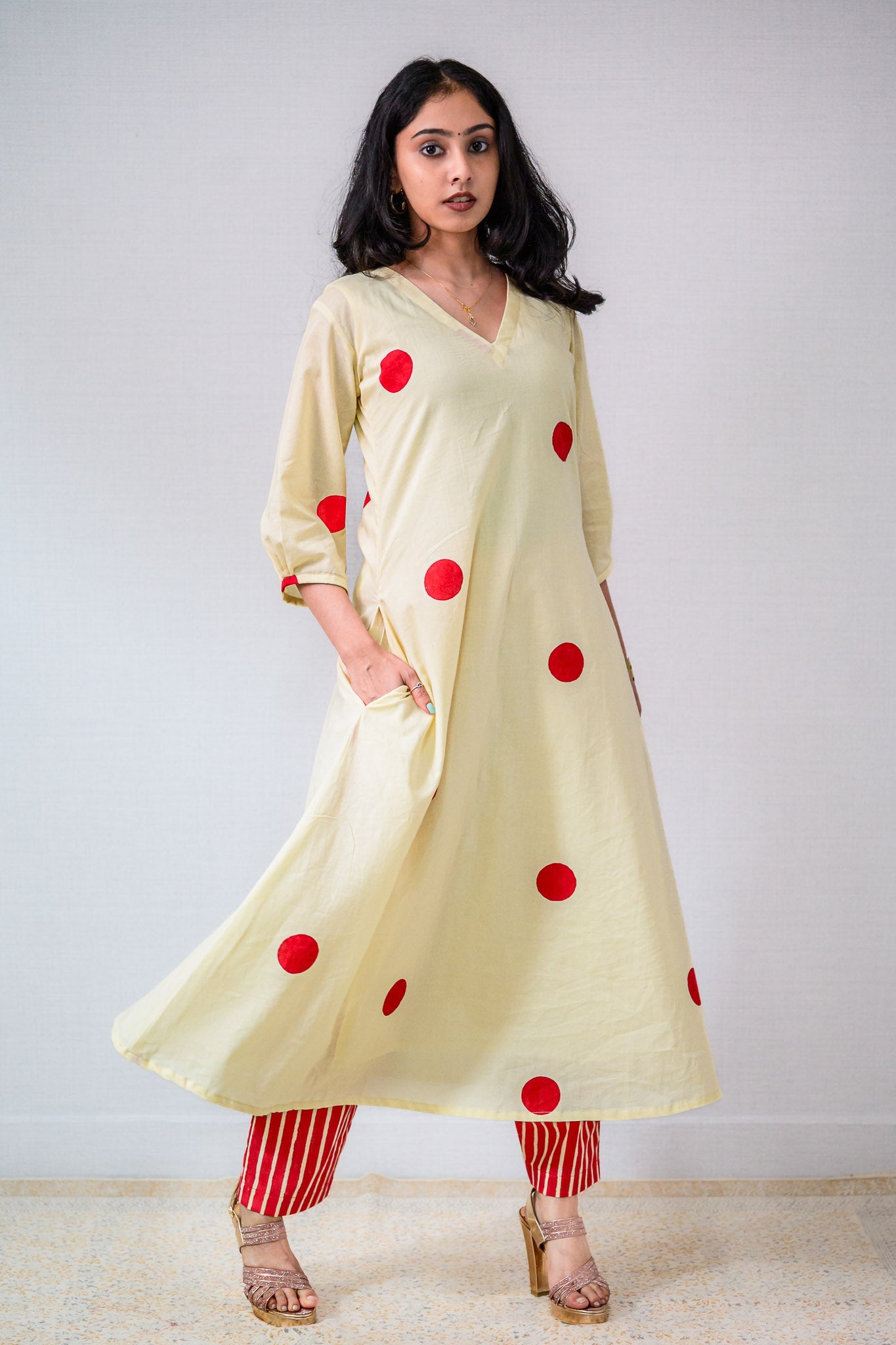 Set of 2 - Red Polkas on Cream Kurta & Pants Set - Lobha Deepthis